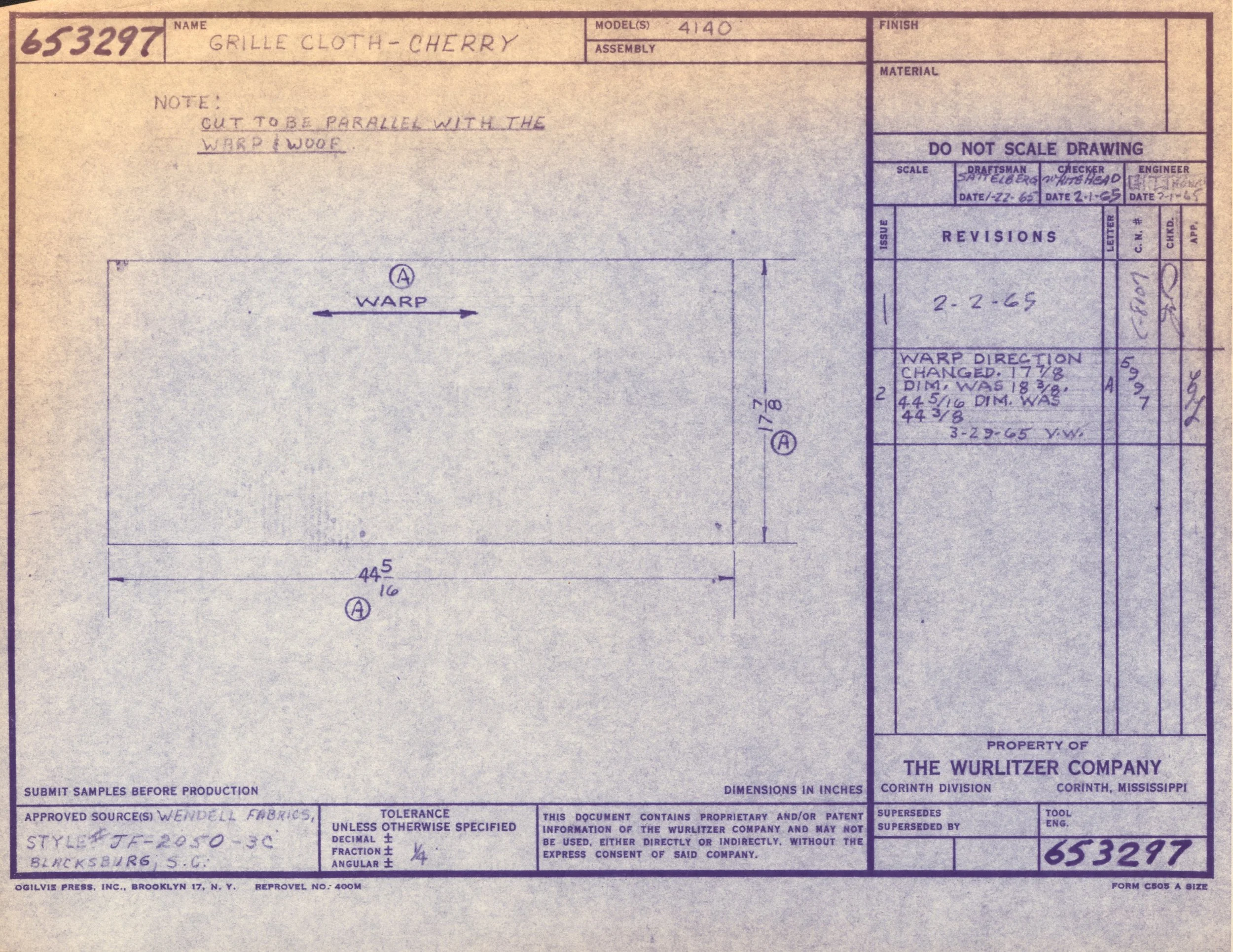 Technical drawing of a cherry-colored grille cloth with handwritten notes, dimensions, and specifications.