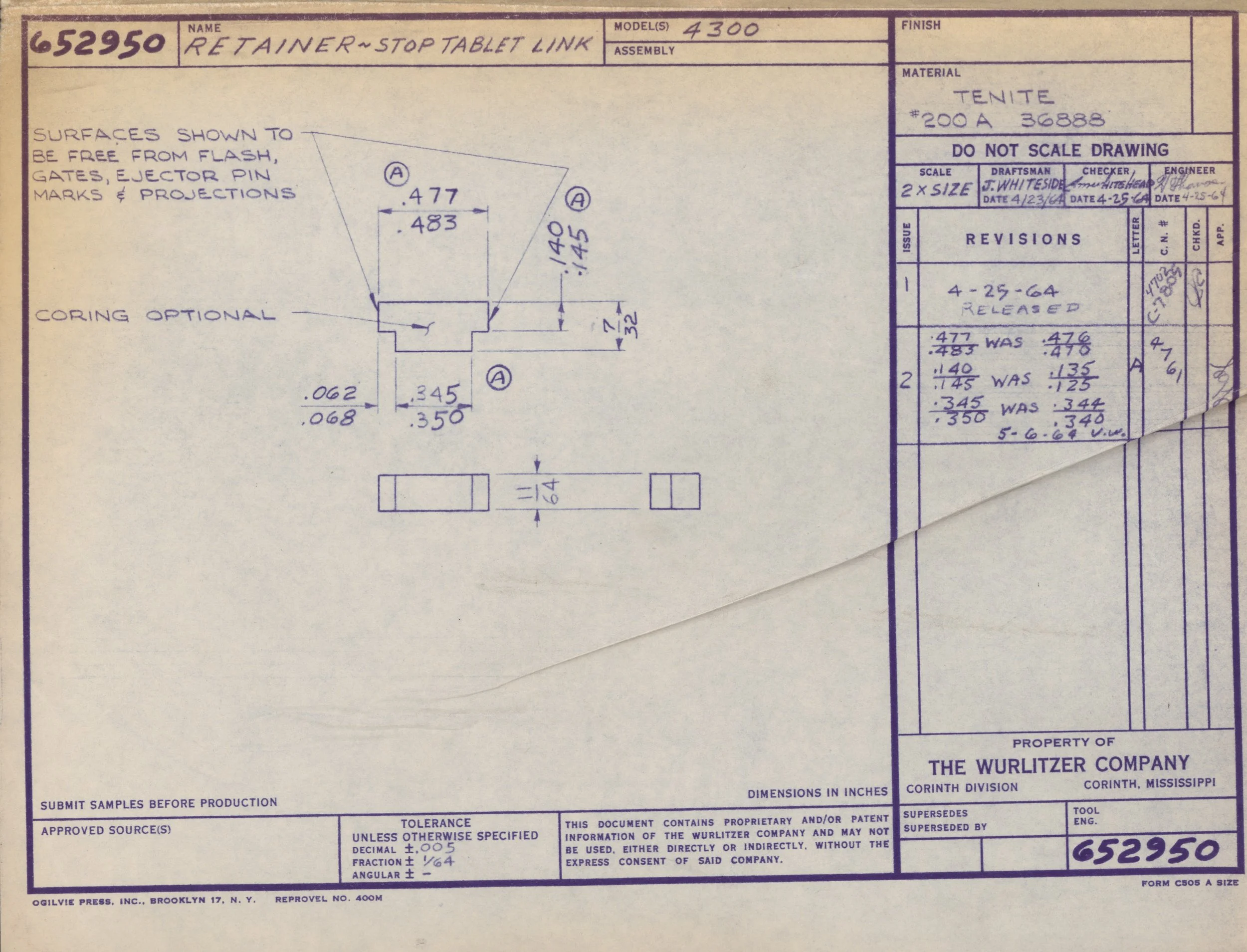 Technical blueprint drawing for a retainer stop tablet link, with detailed measurements, annotations, and revision notes, created by Ogilvie Press.