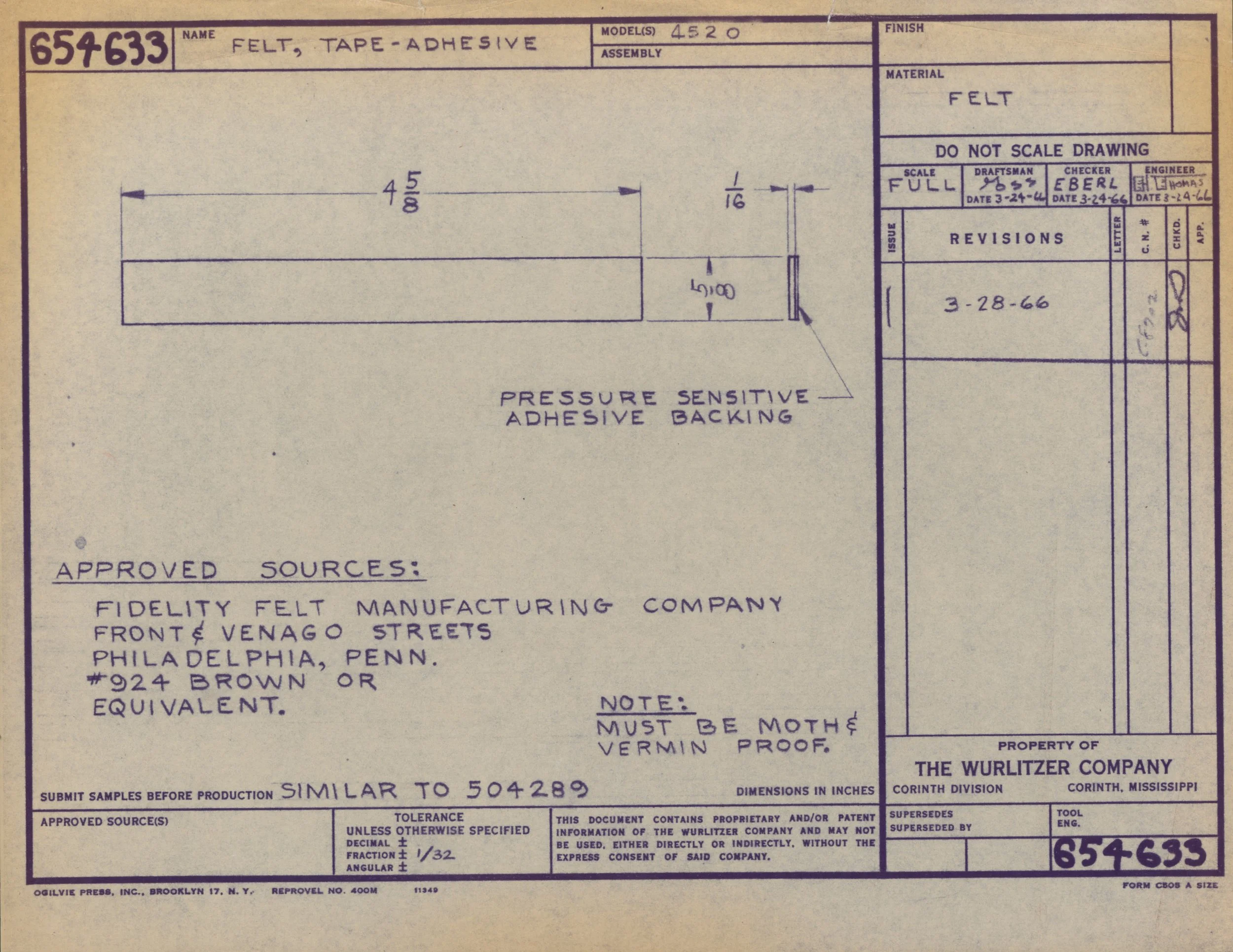 A technical drawing or blueprint for felt tape adhesive, showing measurements and specifications, with handwriting annotations, technical details, and a section for approvals and revisions.