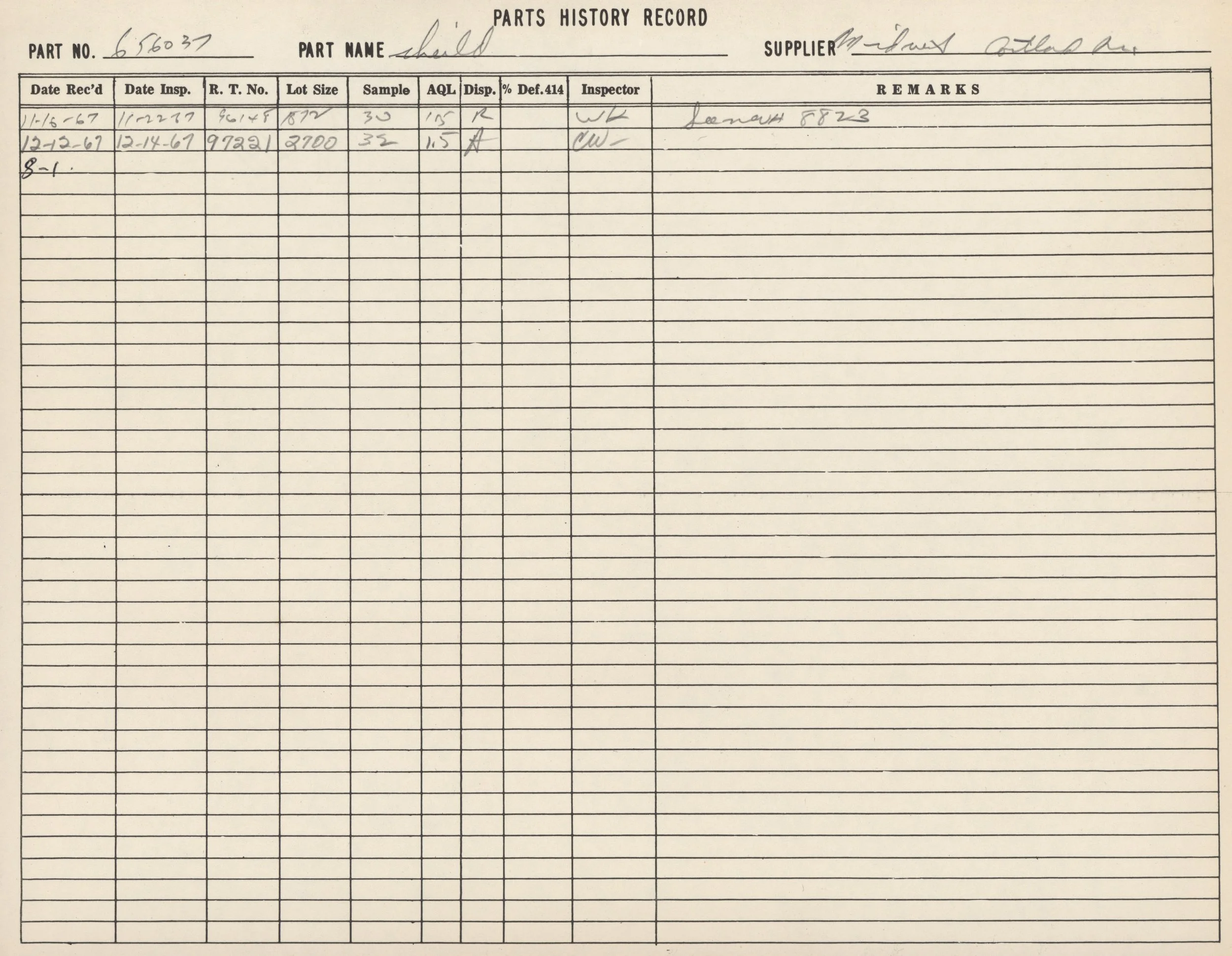 A black-and-white scanned chart titled 'Parts History Record' for a part number 656037, called 'Shield,' with a supplier named 'McGraw- Hill, Inc.' The chart includes columns for dates, inspection details, lot size, sample size, approval status, disp