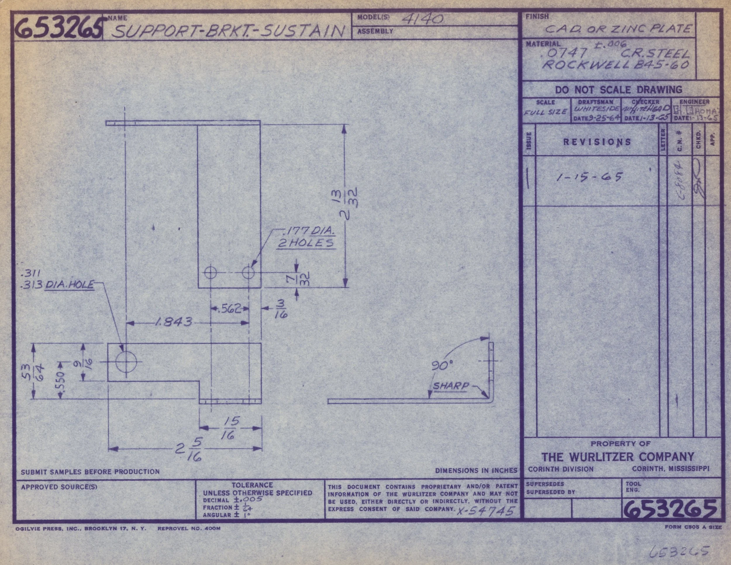 Technical blueprint drawing of a support bracket with detailed measurements and specifications, including hole sizes and material details.