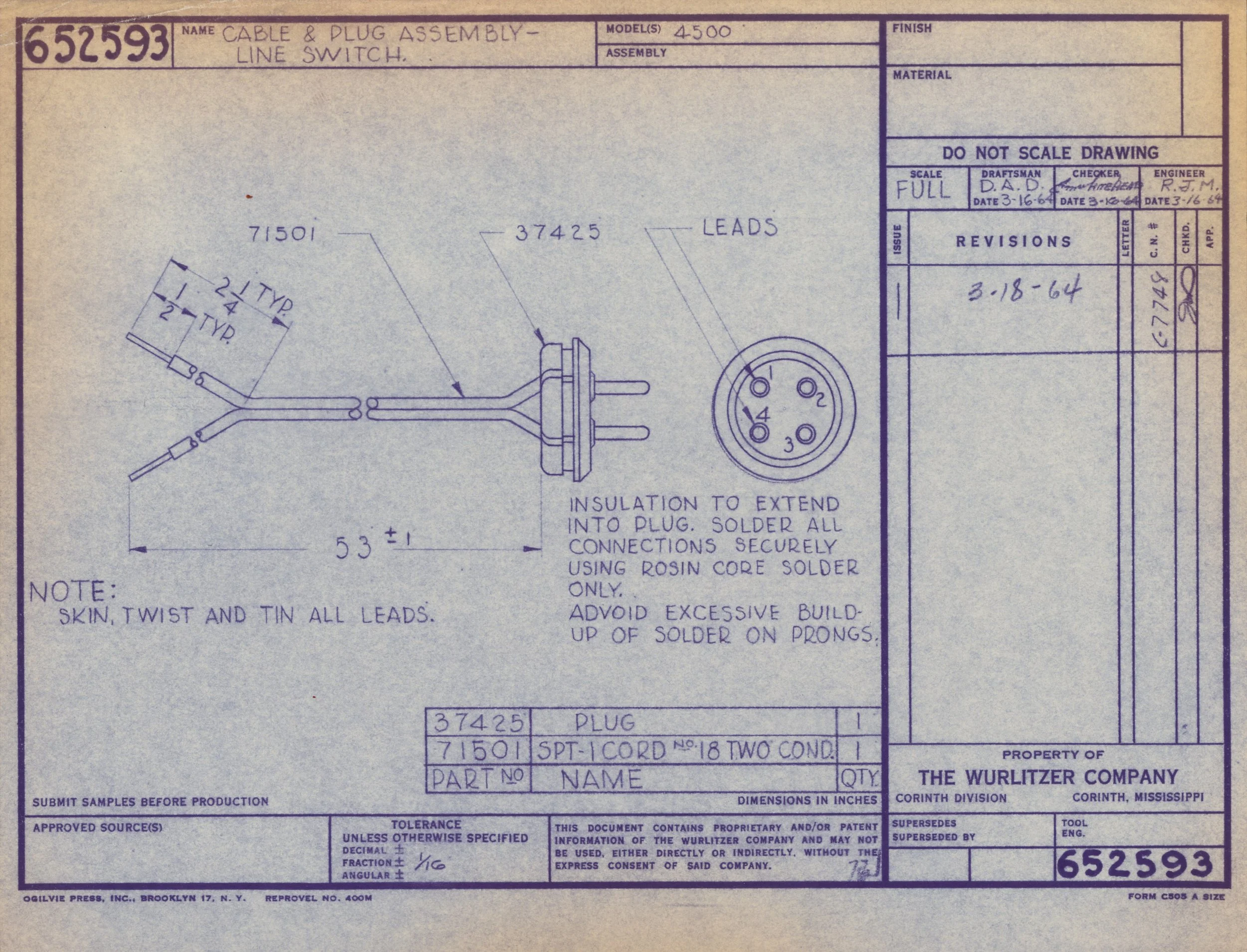 Technical blueprint drawing of cable and plug assembly, line switch, and related components, including detailed measurements, instructions for insulation, and annotations for assembly standards.