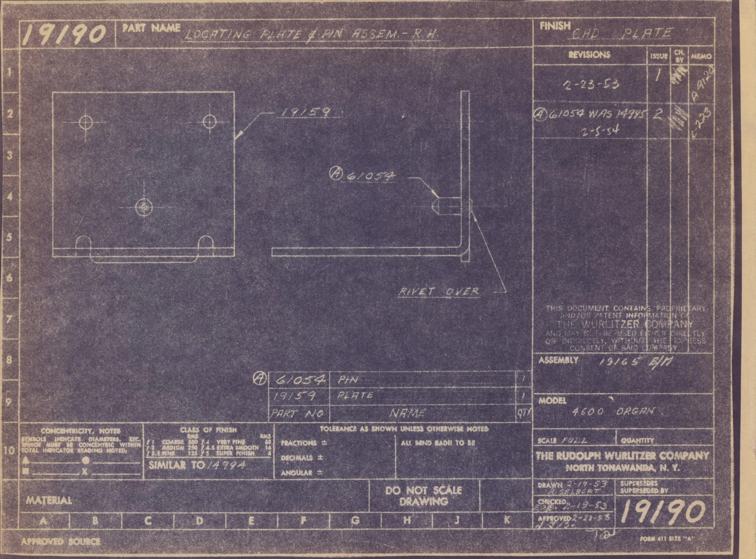 Blueprint drawing with technical specifications for a part titled 'Locating Plate & Pin Assembly - R.H.' from 1919, including measurements, annotations, and manufacturing information from The Rudolph Wurlitzer Company.