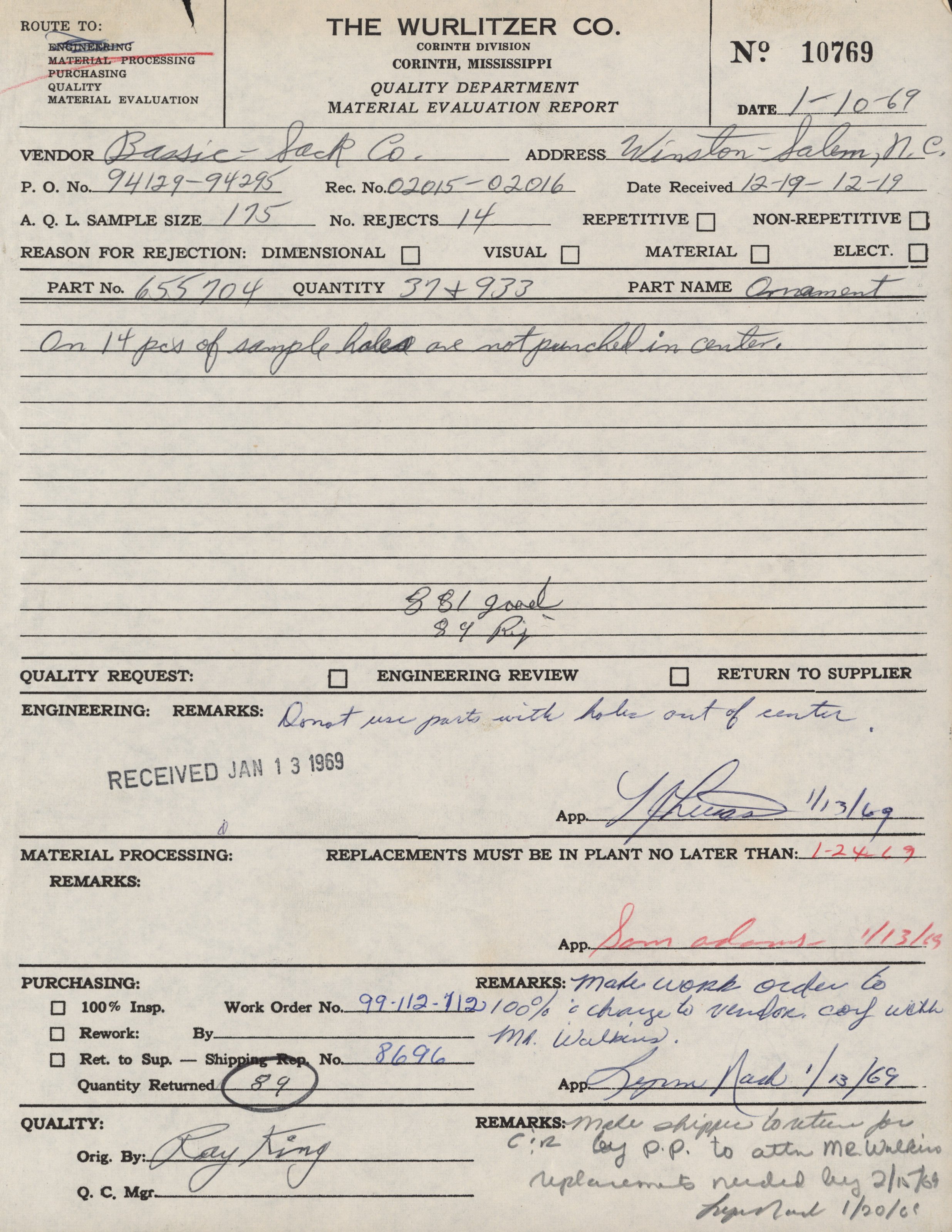 A historic handwritten quality evaluation report from The Wurlitzer Company, dated December 19, 1969. The document contains handwritten notes, part numbers, quantities, and remarks regarding material rejection and processing instructions.