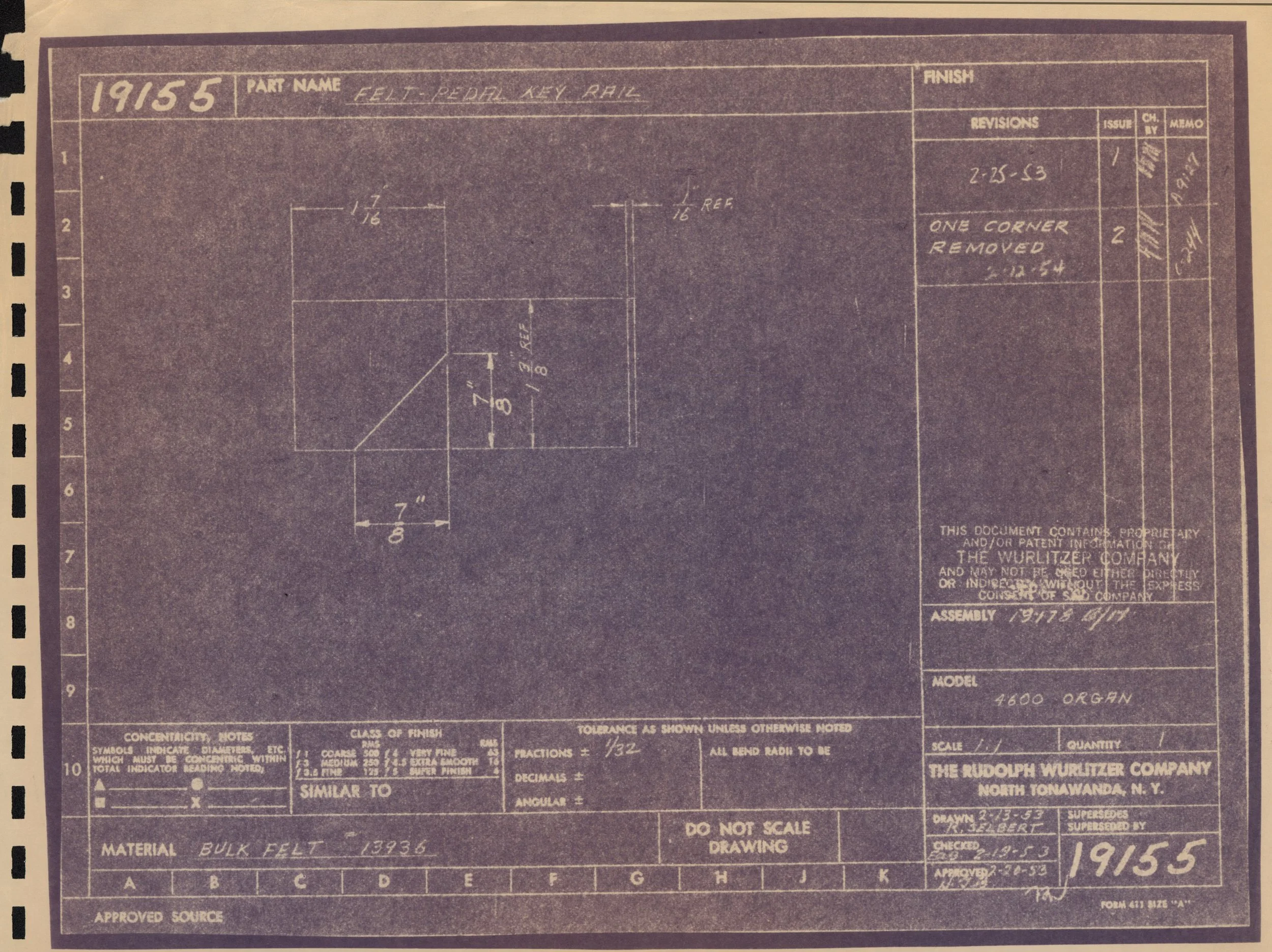 Blueprint of a left pedal key rail with handwritten notes, dimensions, and labels from the Rudolph Wurlitzer Company, dated 1915.