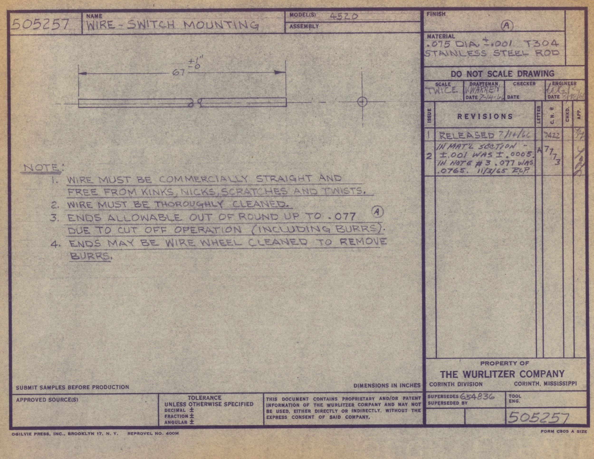 Technical blueprint drawing of a wire switch mounting with detailed specifications, measurements, and notes for manufacturing, created by The Wurlitzer Company.