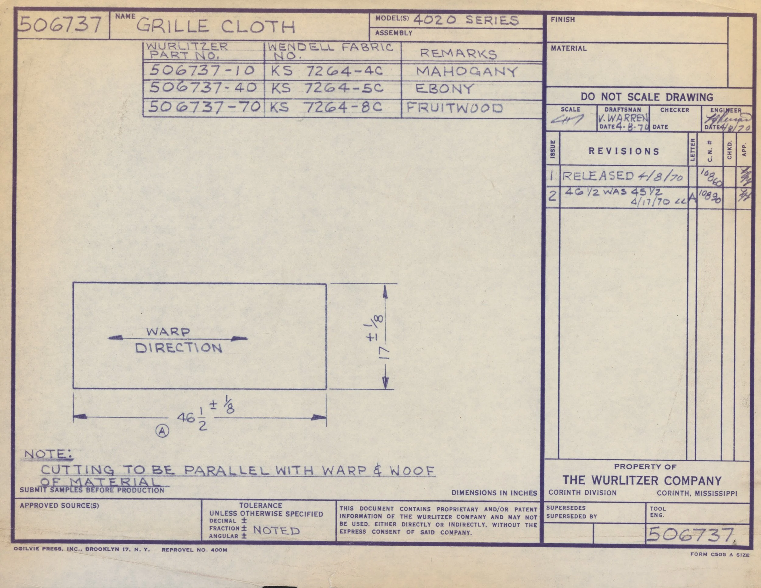 A technical drawing on a blueprint titled "Grille Cloth" showing measurements, materials, and details for manufacturing a grille cloth with a warp direction, including notes on cutting and assembly. It includes sections for revisions, approvals, and 