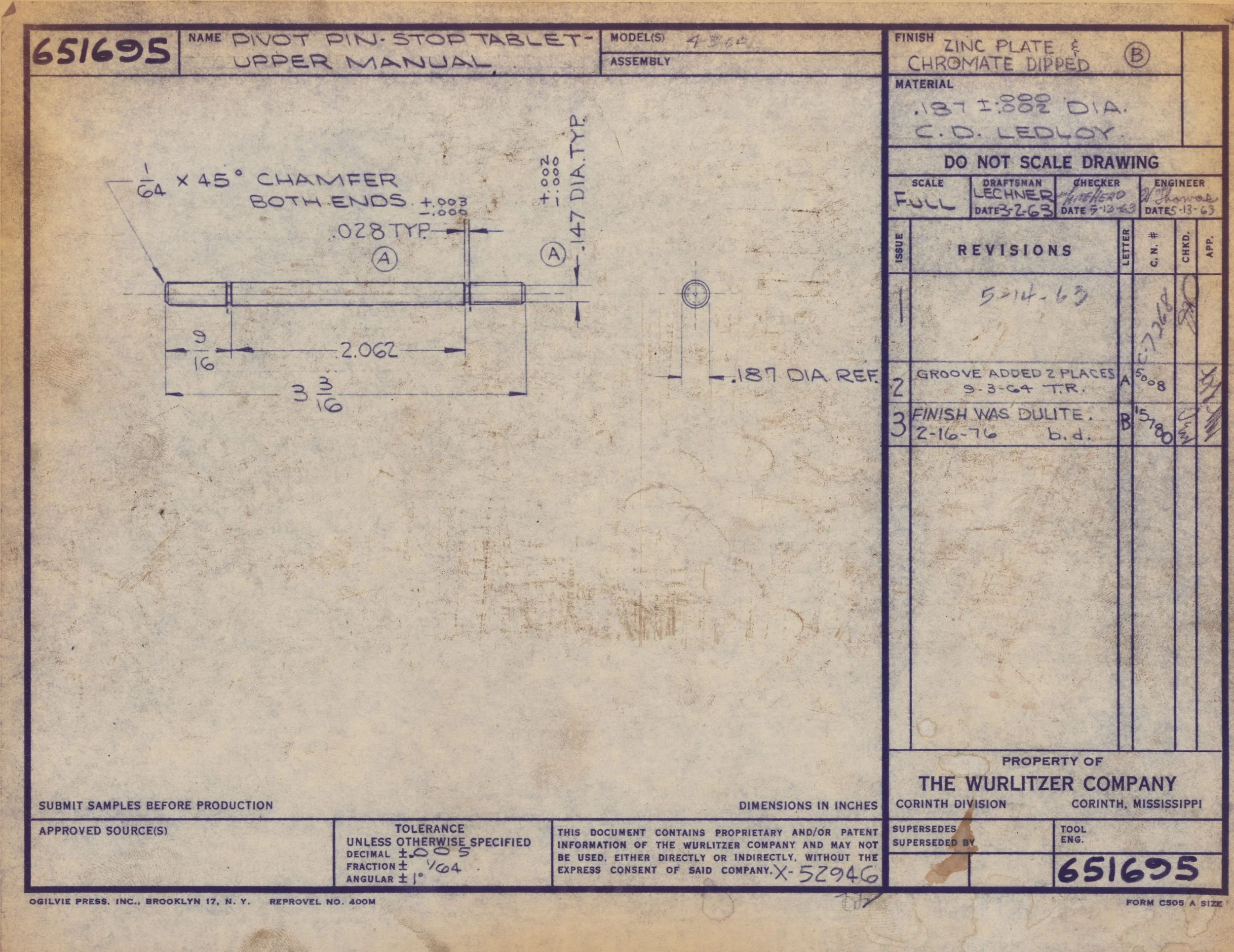 Blueprint of a mechanical part labeled 'Pivot Pin-Stop Table-Upper Manual' with detailed measurements and notes for manufacturing.