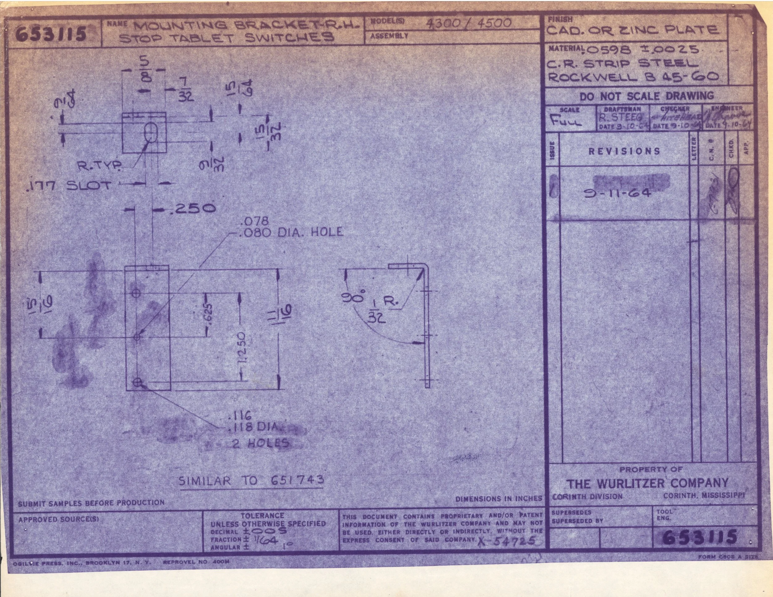 Blueprint drawing titled 'Mounting Brackets for Stop Table Switches' with detailed measurements and design specifications, produced by The Wurlitzer Company.