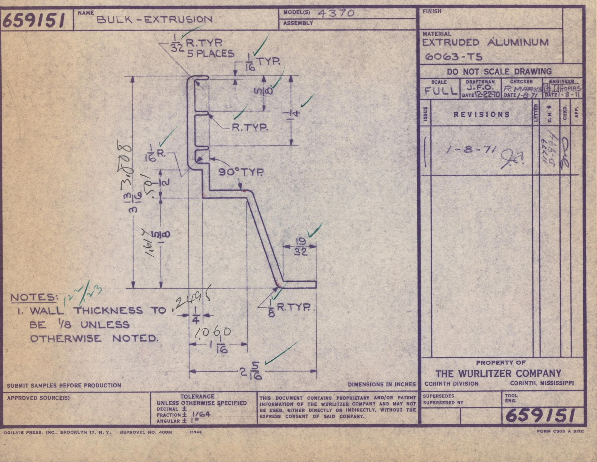 Blueprint drawing of a part labeled 'Bulk-Extrusion' made of extruded aluminum, showing detailed dimensions, angles, and notes for manufacturing.
