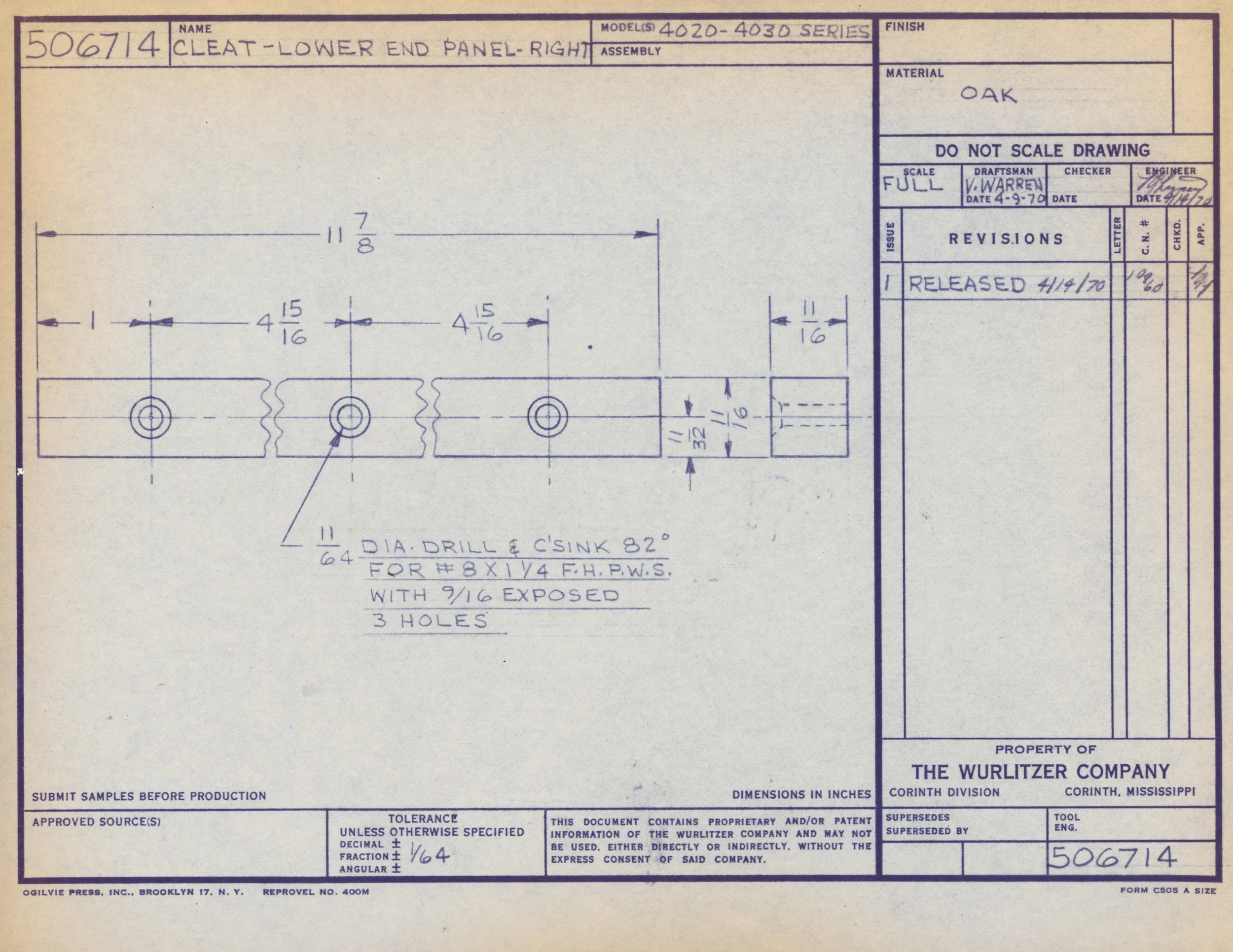 Technical engineering drawing of a lower end panel for a model series 4020-4030, made of oak wood, with detailed measurements and specifications for manufacturing.
