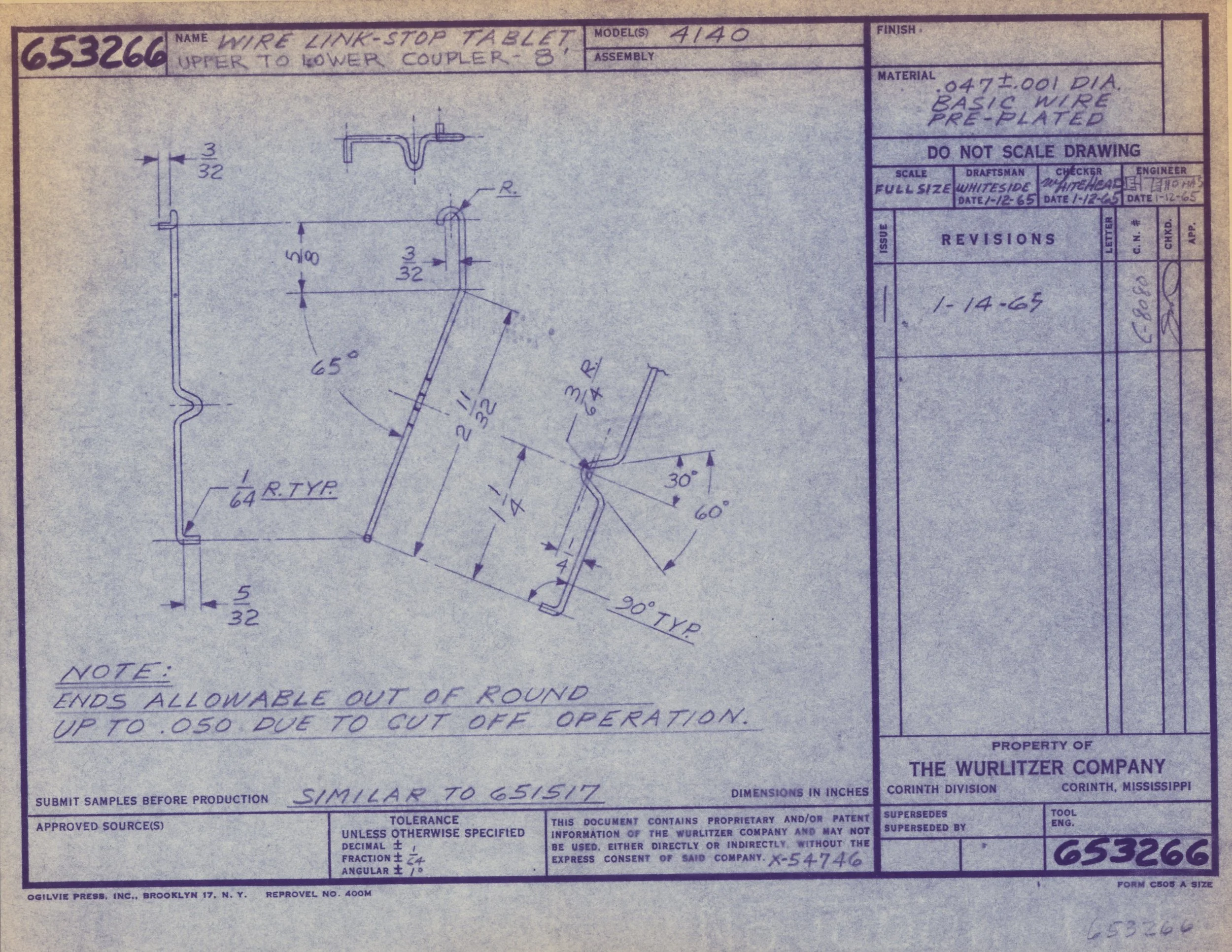 Technical engineering drawing of a wire link stop tab, including measurements and angles, with annotations and approval stamps.