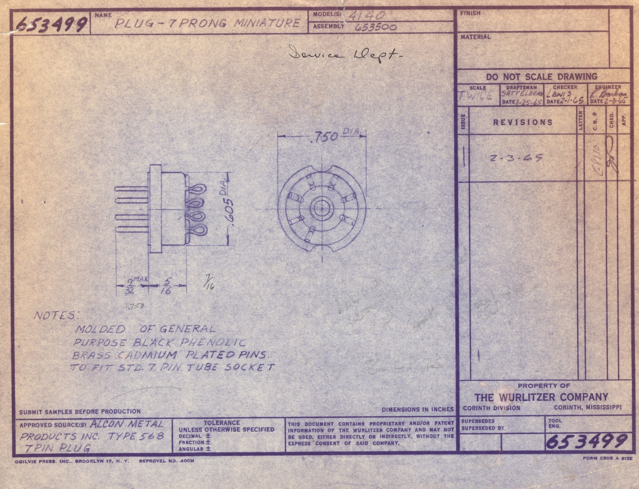Technical drawing and specifications for a 7-prong miniature plug with detailed dimensions, material notes, revision history, and manufacturing information, attributed to The Wurlitzer Company in Corinth, Mississippi.