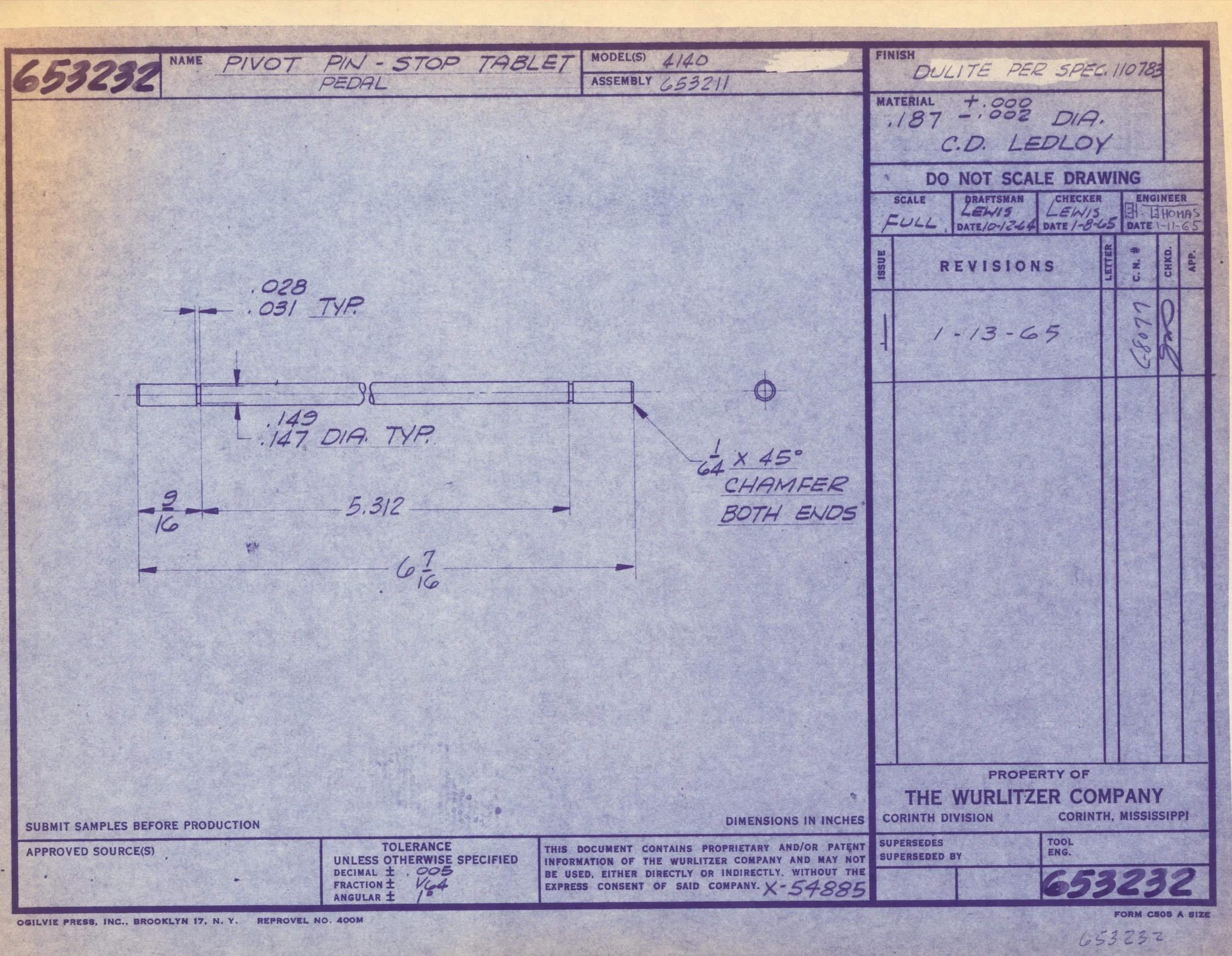 Technical drawing blueprint for a pivot pin-stop tablet pedal, showing dimensions, specifications, and manufacturing details.