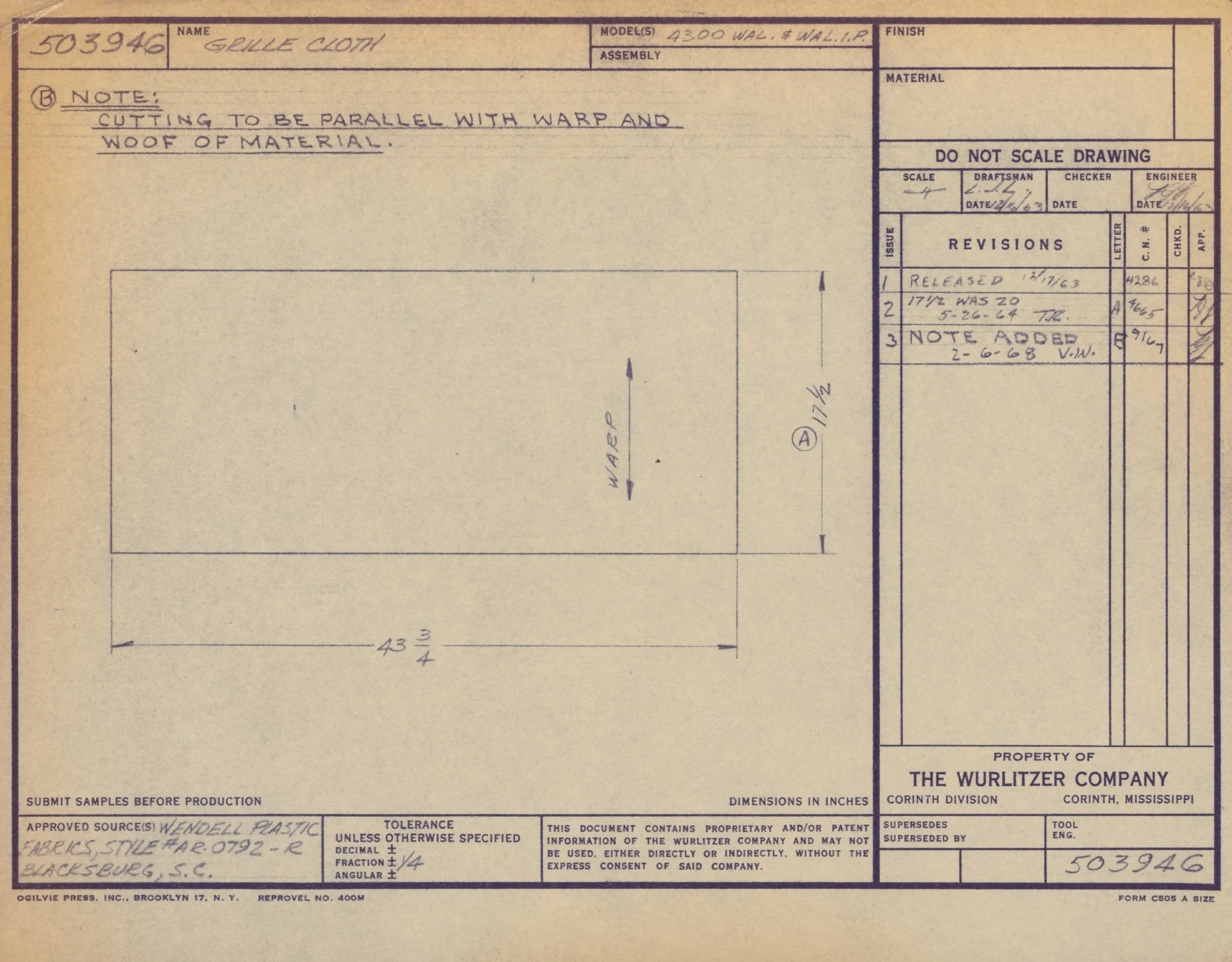 Technical drawing of a drywall cloth with detailed measurements and notes, created by The Wurlitzer Company in Corinth, Mississippi.