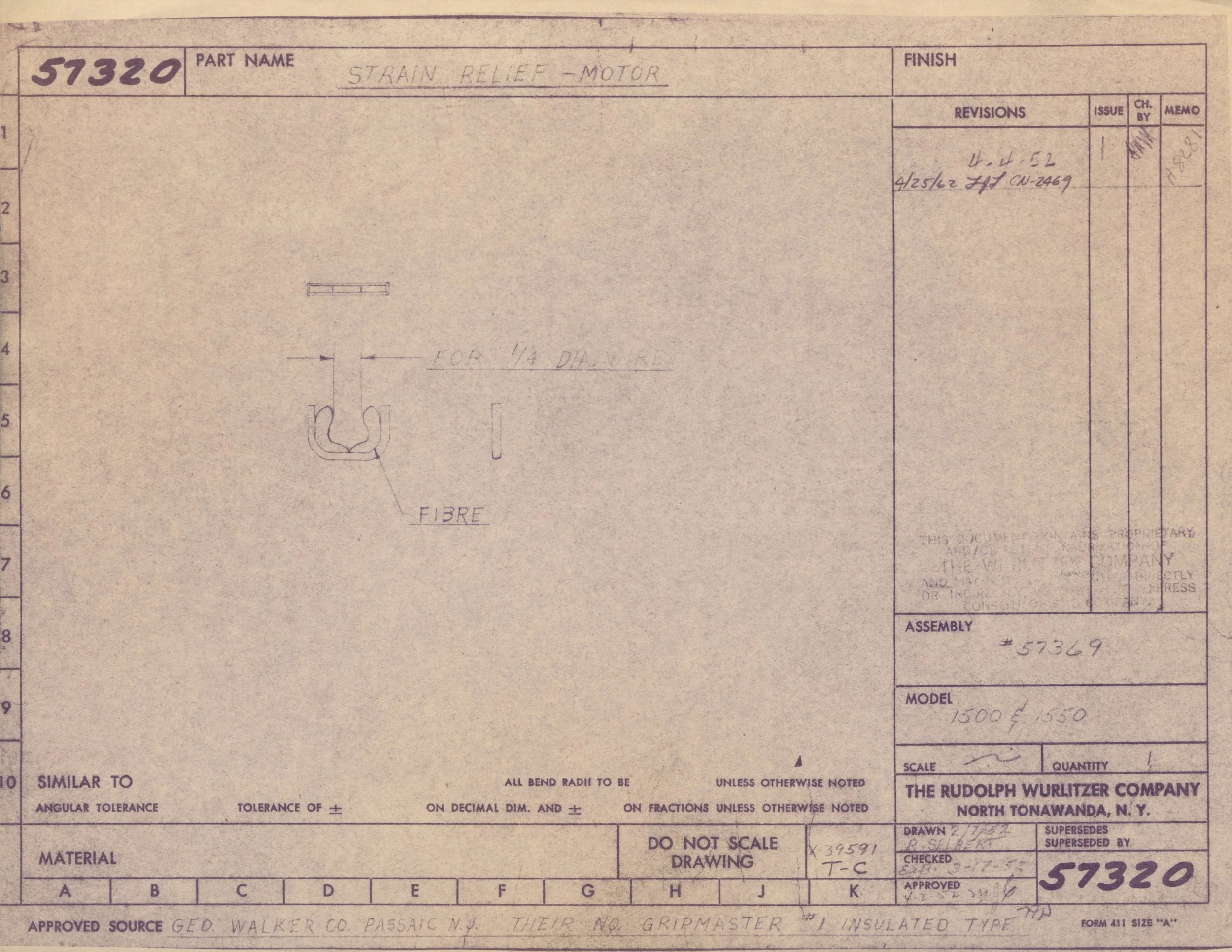 Old technical drawing or blueprint with handwritten notes and sketches for a strain relief motor part, including dimensions and specifications, issued by Rudolph Wurlitzer Company.