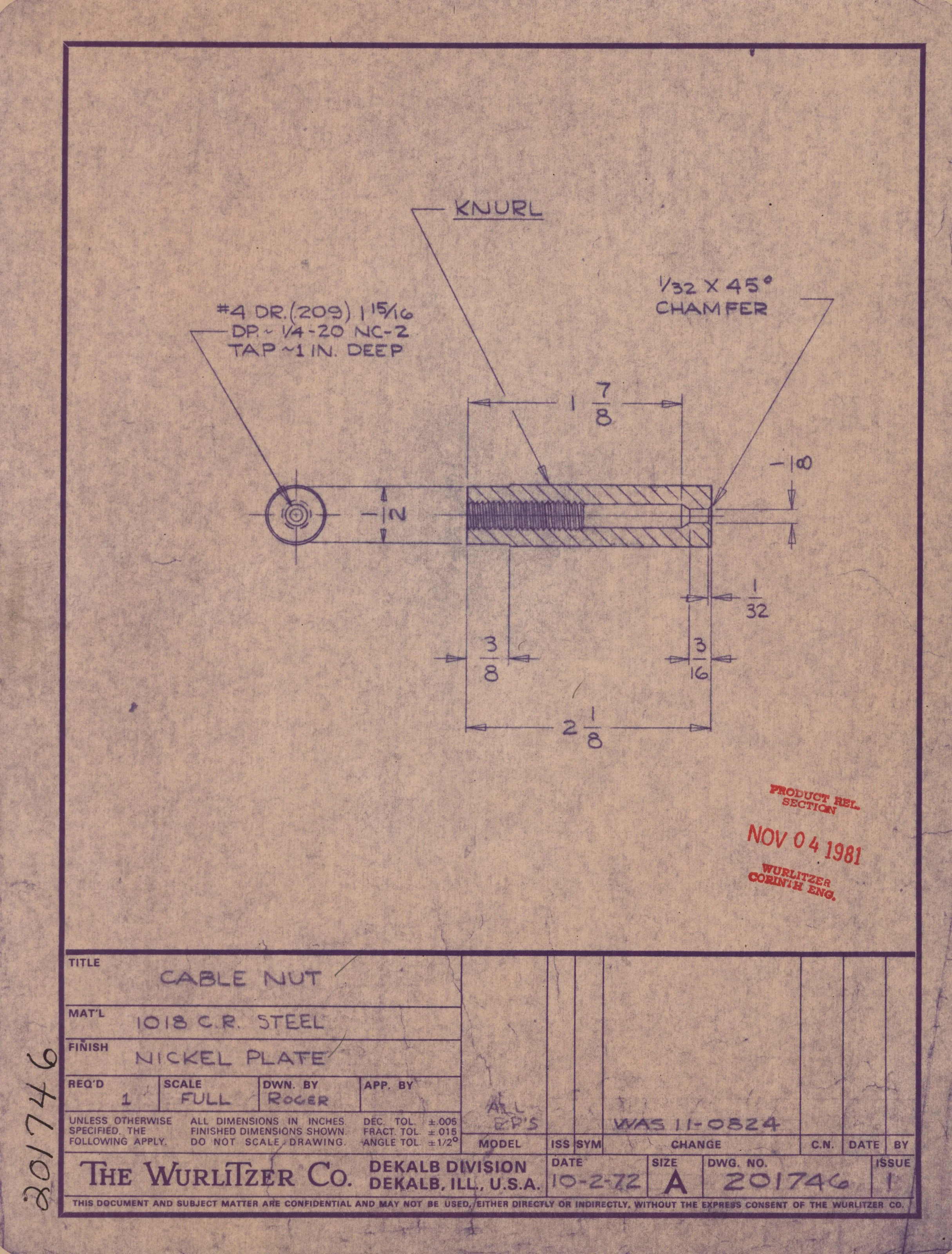 Technical drawing of a cable nut made of steel with nickel plating from Wurlitzer Co., labeled with measurements and specifications, dated October 2, 1972.