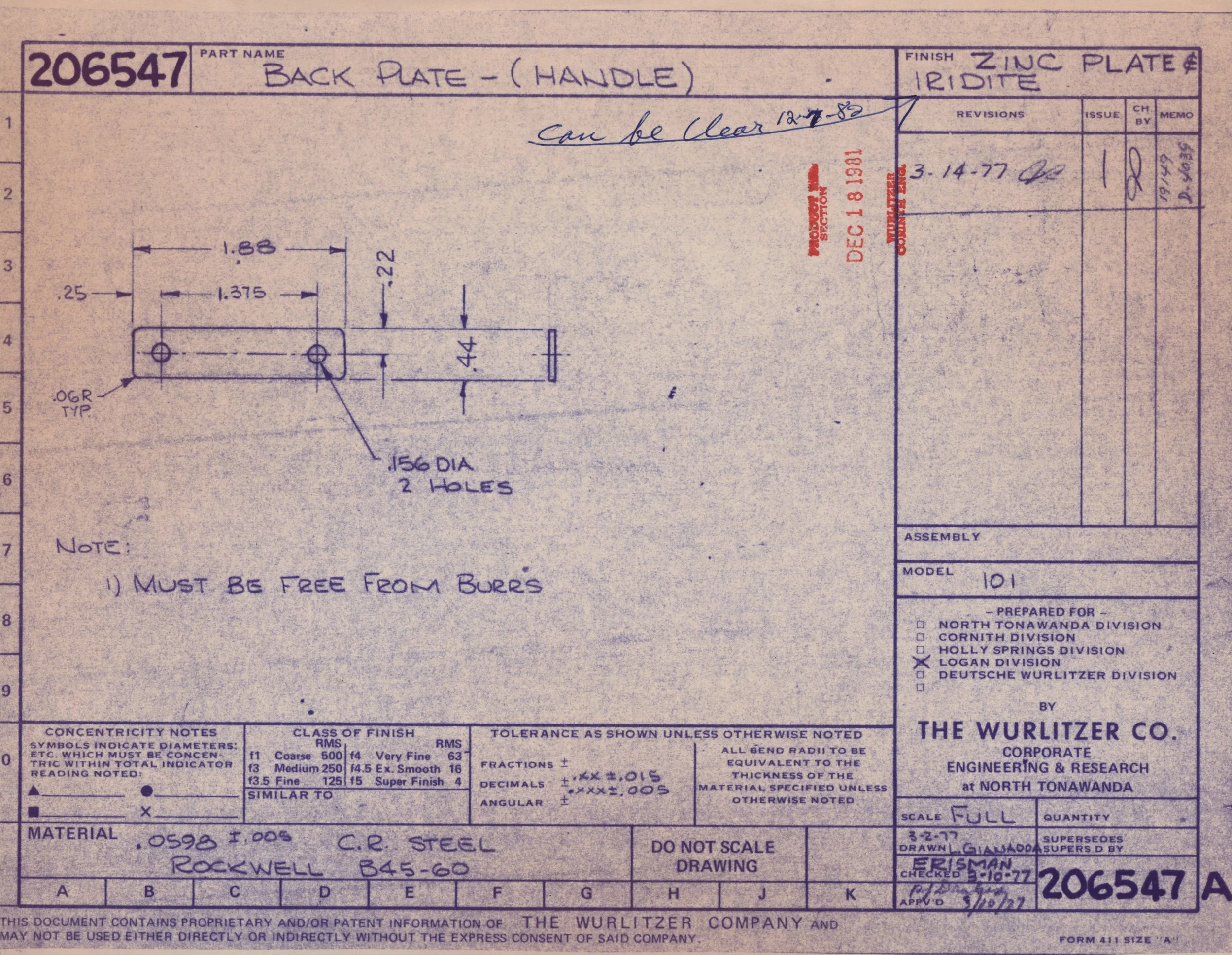 A detailed technical engineering drawing of a back plate with handle, depicting measurements and specifications for manufacturing, with annotations and notes.