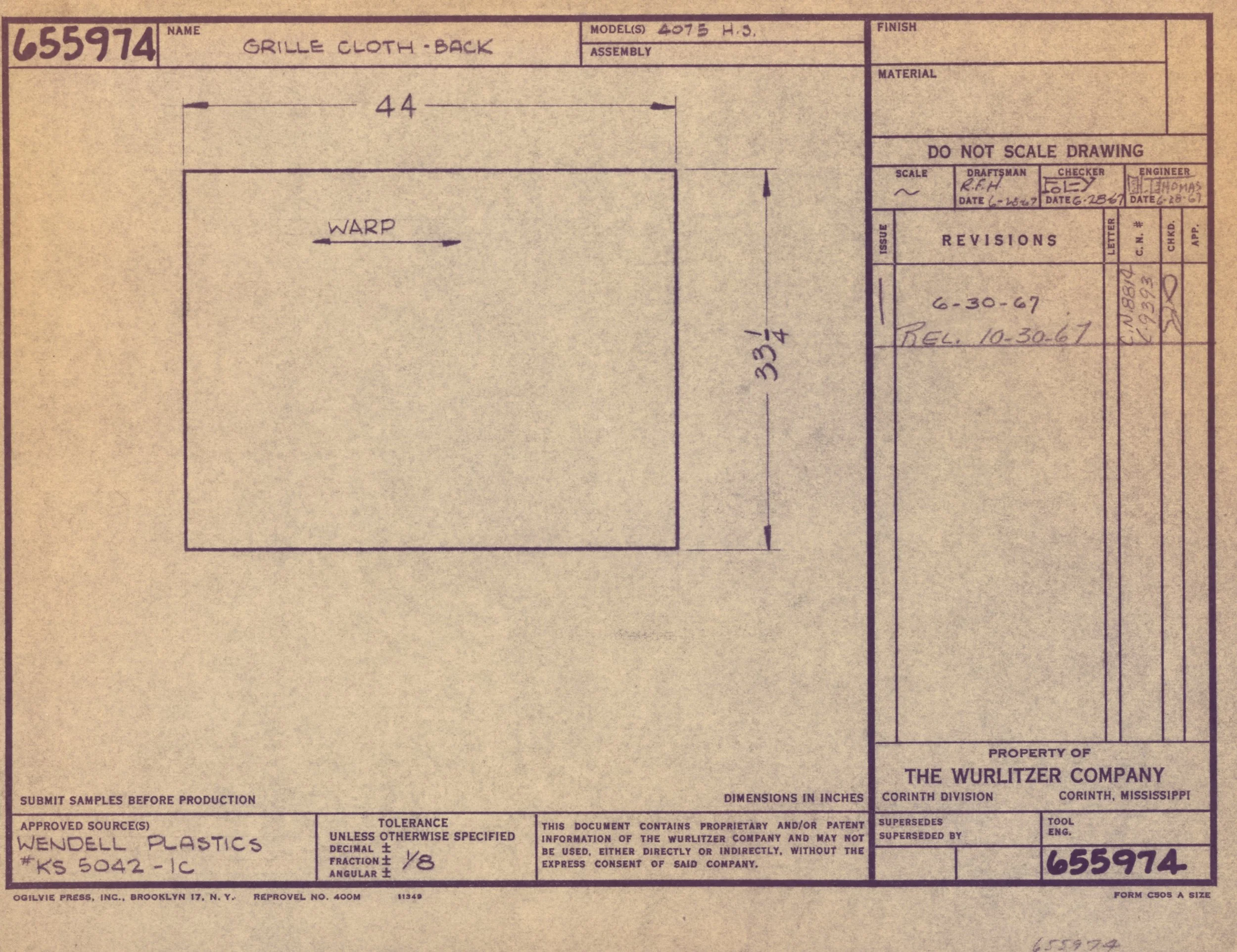Technical drawing blueprint of a rear grille cloth, with measurements, labels, approval signatures, and company information, from The Wurlitzer Company.