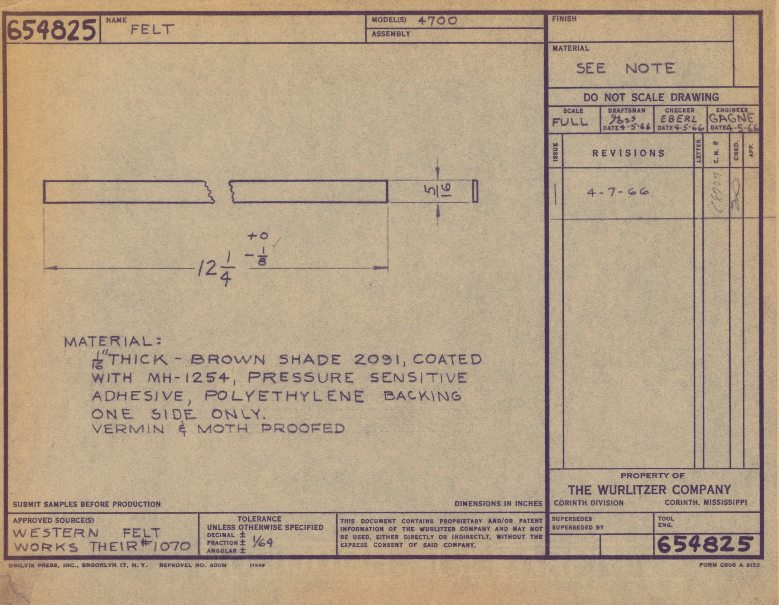 Technical drawing of felt material, showing dimensions of 12 1/4 inches in length and 5/16 inches in width, with detailed notes on material composition and specifications.