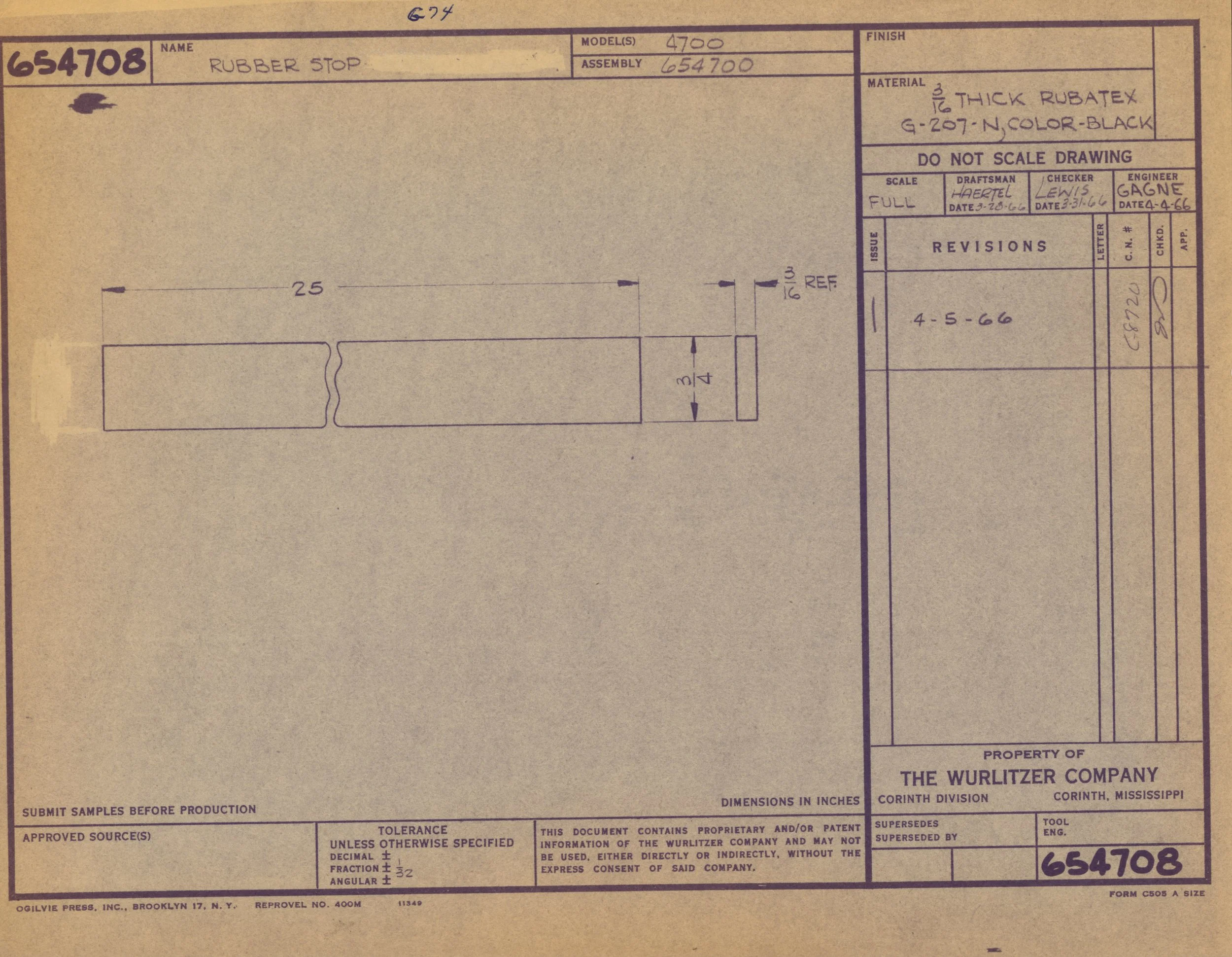 A technical drawing or blueprint of a rubber stop, labeled with dimensions and specifications, from The Wurlitzer Company.