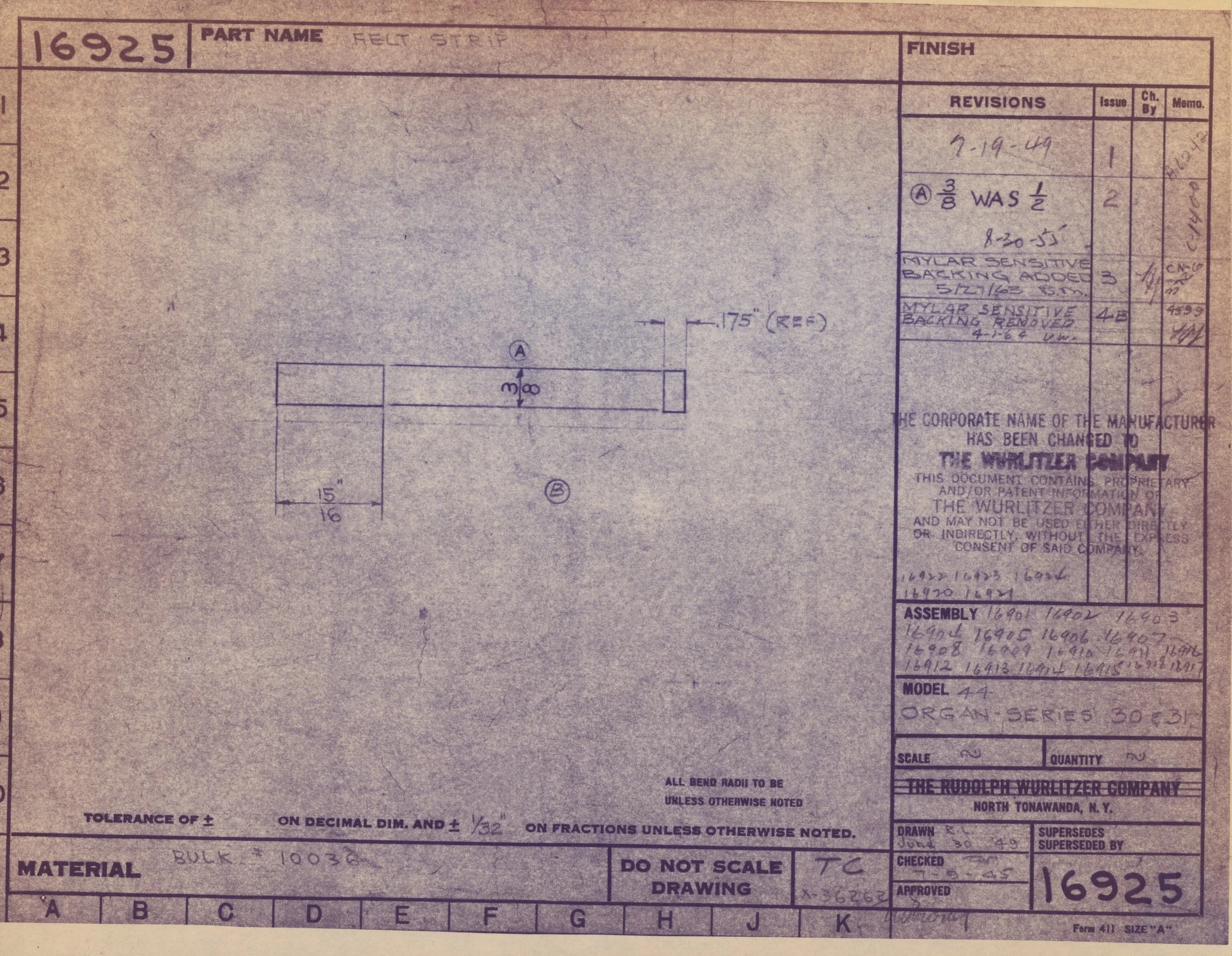 A technical blueprint or engineering drawing for a felt strip, with measurements and specifications, created by The Rudolph Wurlitzer Company, North Tonawanda, N.Y.