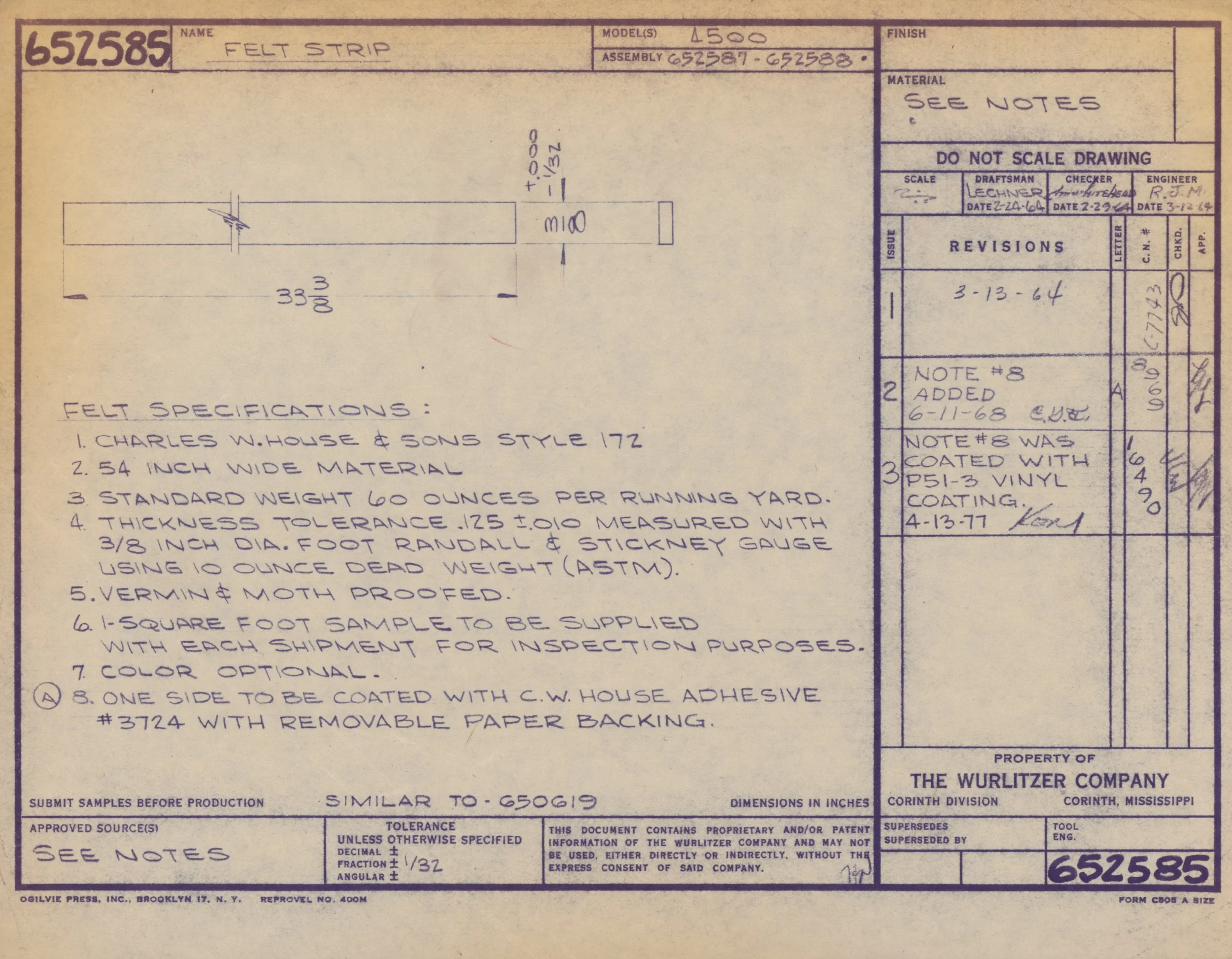 Technical drawing or patent illustration of a felt strip with handwritten notes, measurements, and revisions, including details about the material and specifications.