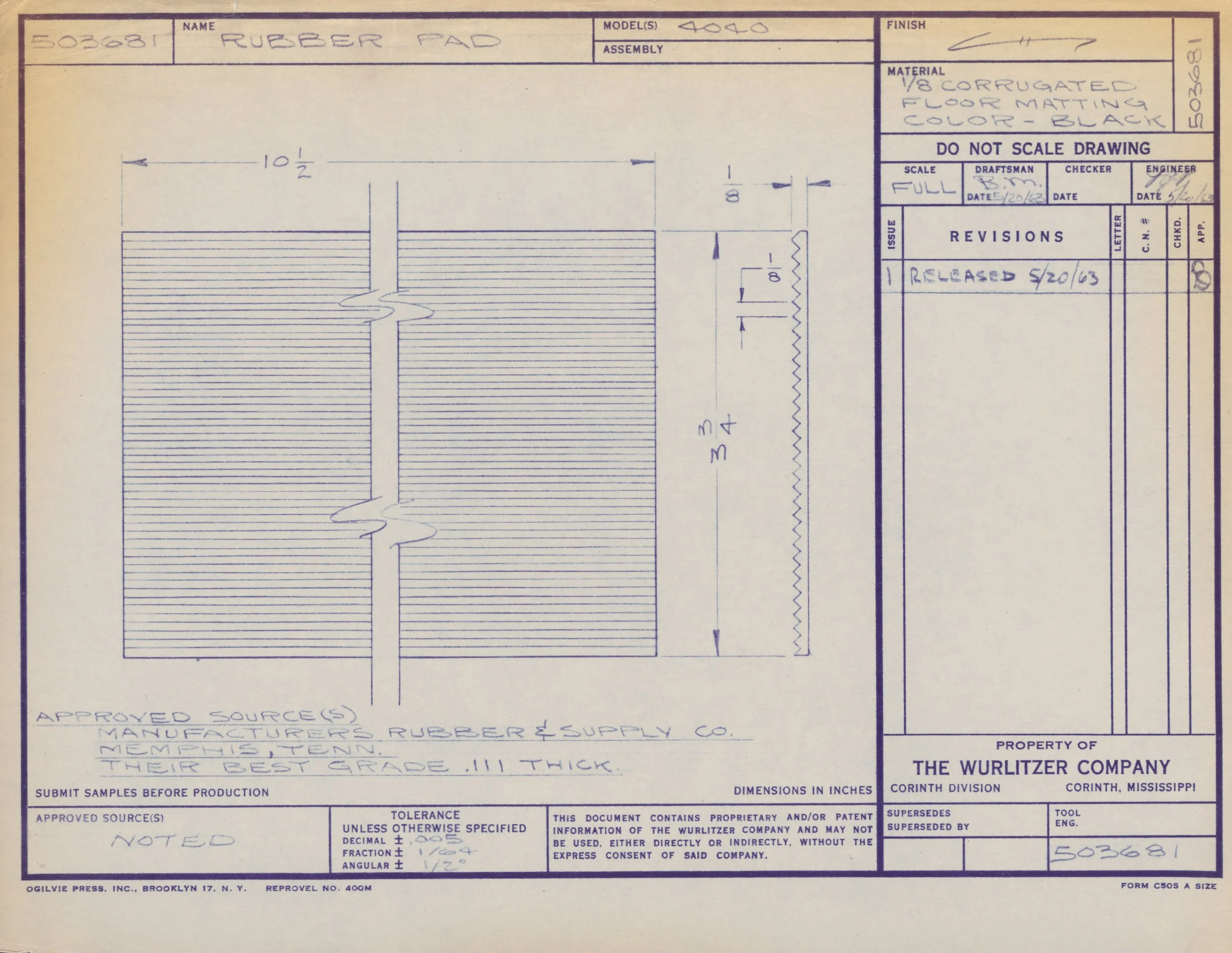 Engineering blueprint for a rubber pad, with handwritten measurements and notes, including material specifications and approval signatures.