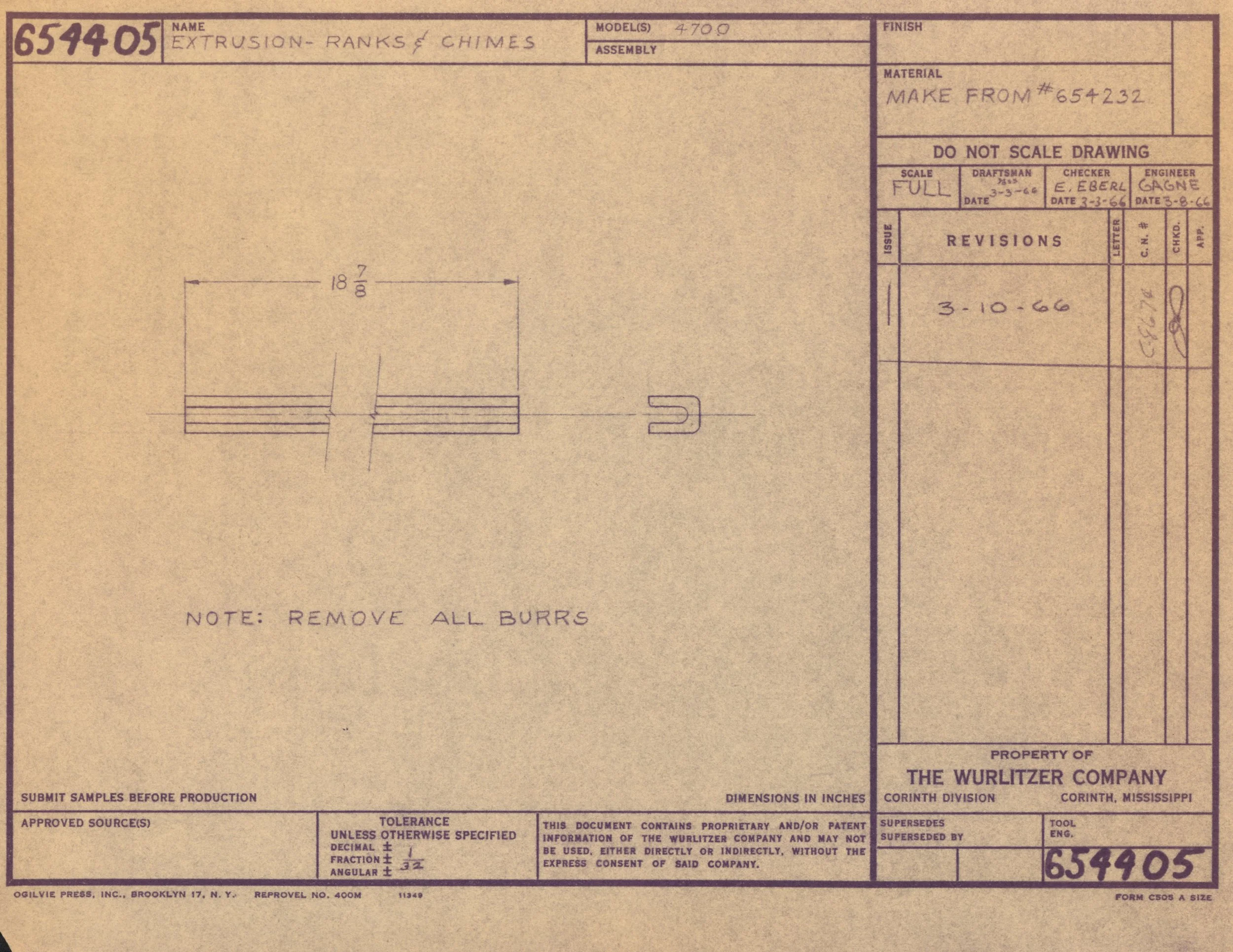 Technical drawing document titled 'Extrusion - Ranks & Chimes' with dimensions and notes, property of The Wurlitzer Company, from Corinth, Mississippi.
