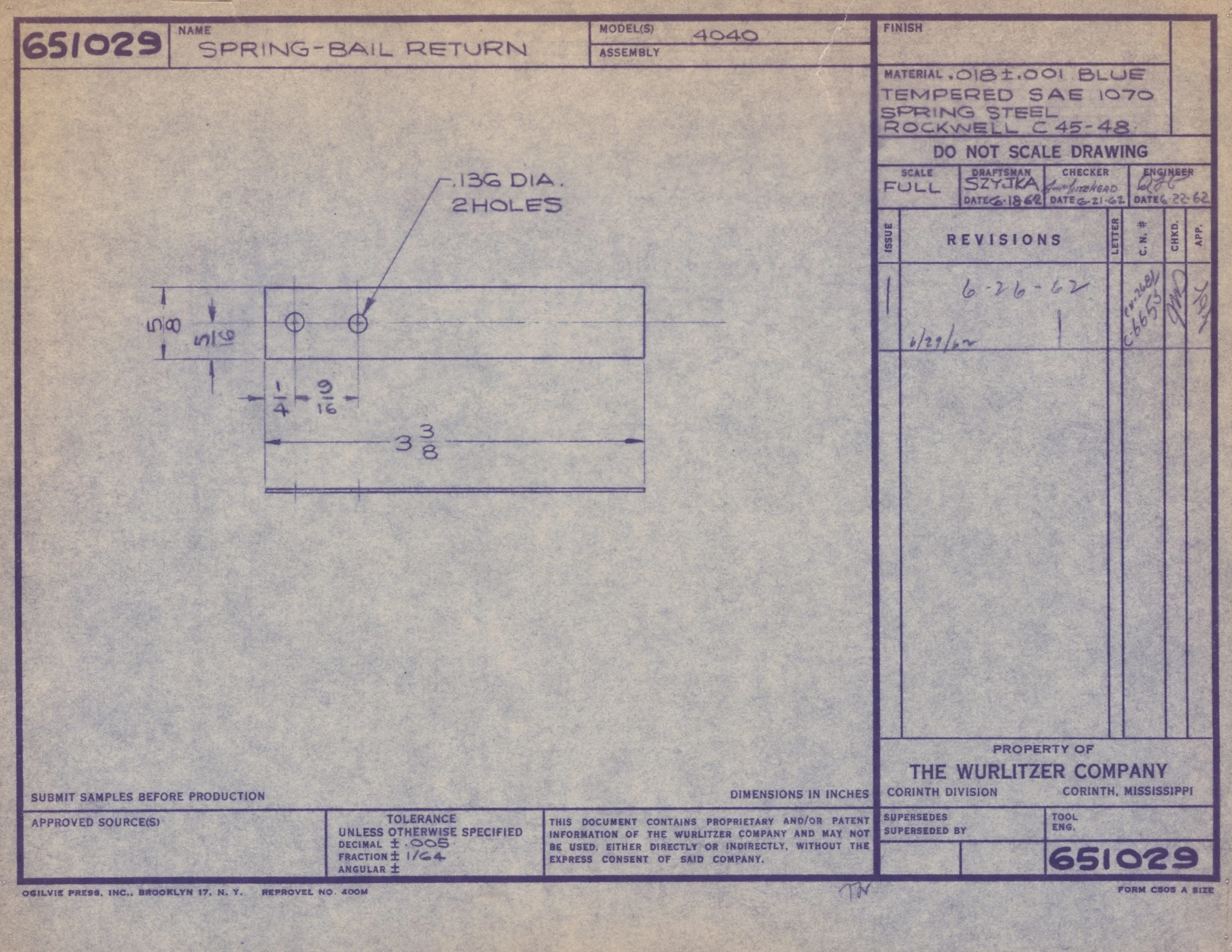 Blueprint drawing for a spring-bail return component, featuring measurements and technical specifications.