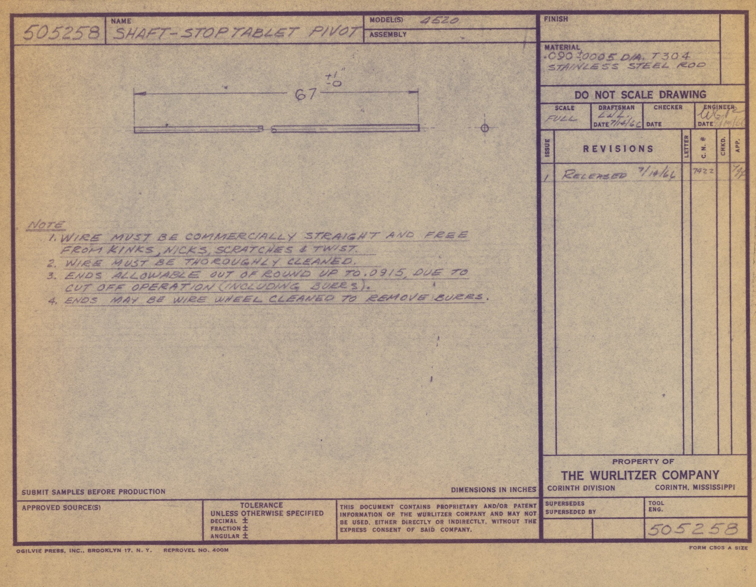 Technical drawing of a shaft-stoptable pivot with dimensions and notes, created by The Wurlitzer Company, property information, and approval signatures.