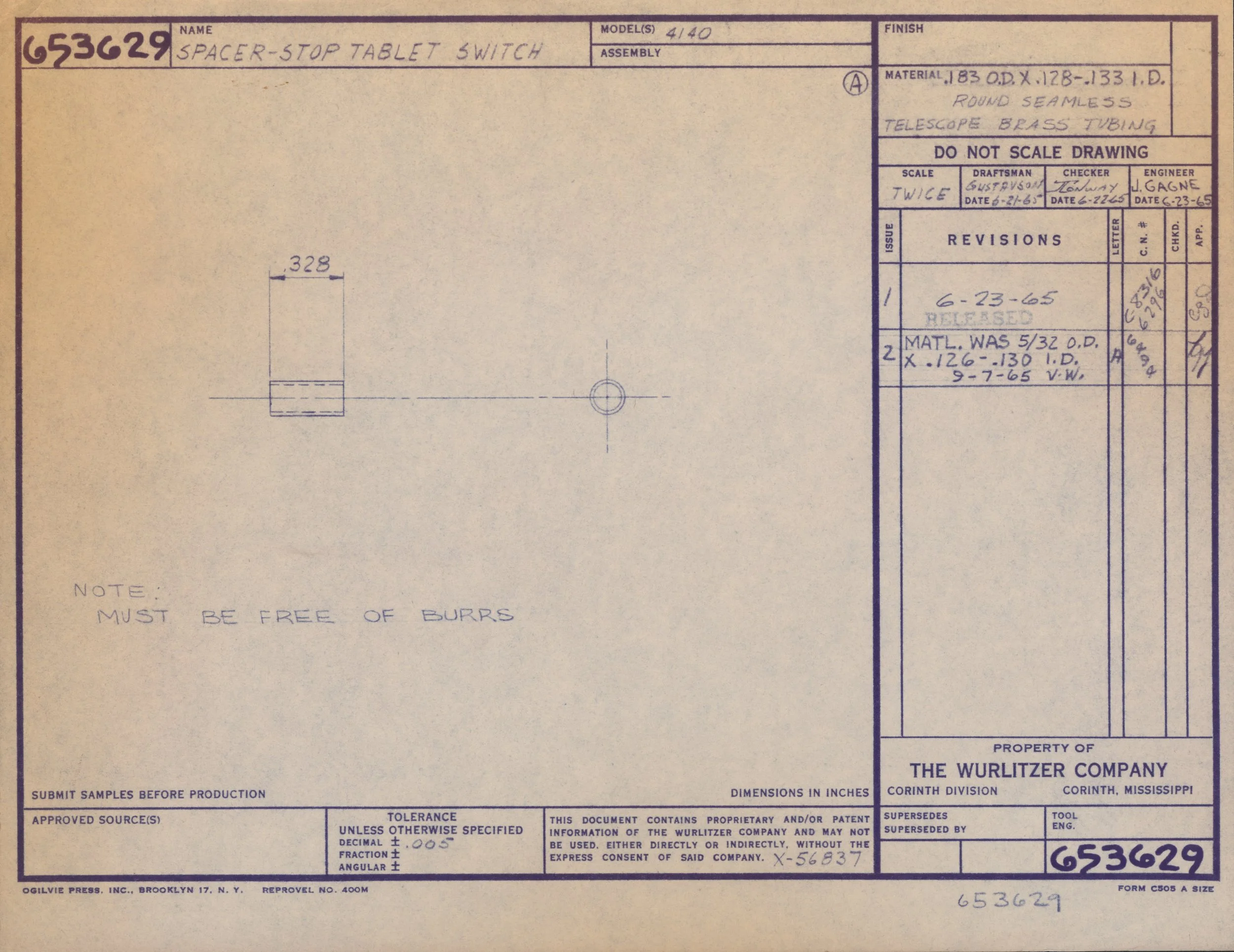 Technical drawing blueprint titled 'Spacer-Stop Tablet Switch' showing dimensions and notes, issued by The Wurlitzer Company, dated June 21, 1963.