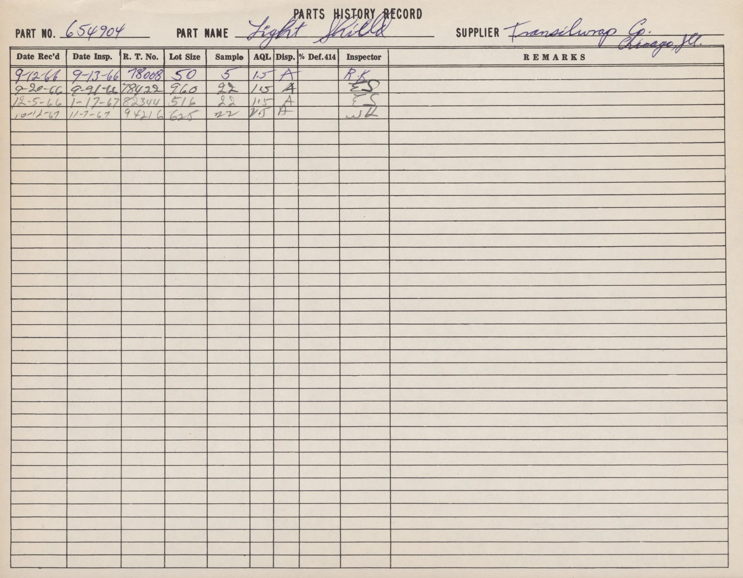 Image of a handwritten parts history record sheet, listing part number 654904, part name 'Light Shield', supplied by Transilwargo Co., Chicago, IL. The sheet includes dates, inspection details, remarks, and signatures for four entries from September 