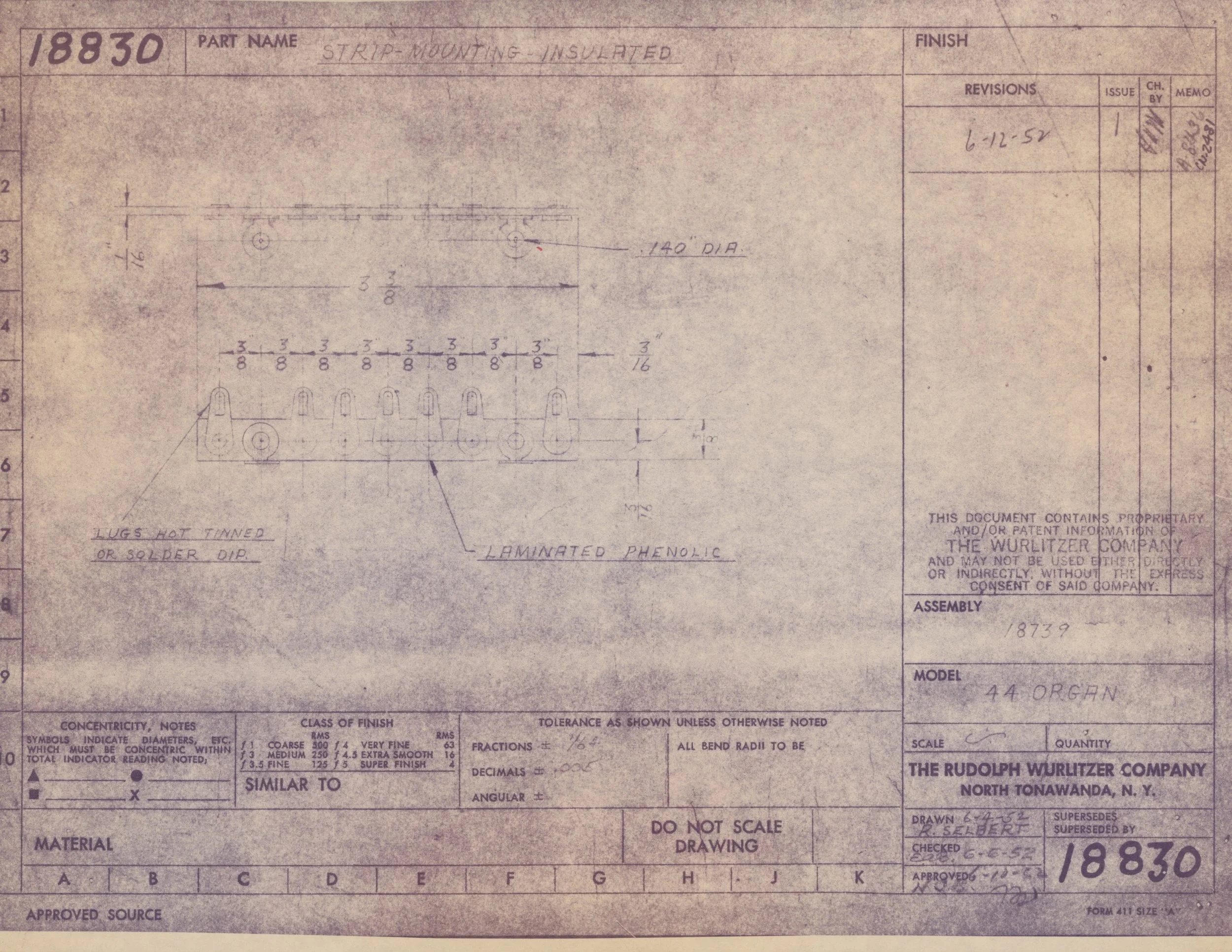 Blueprint drawing of a strip-mounted insulated component with detailed measurements and specifications from 1952, created by The Rudolph Worlitzer Company.