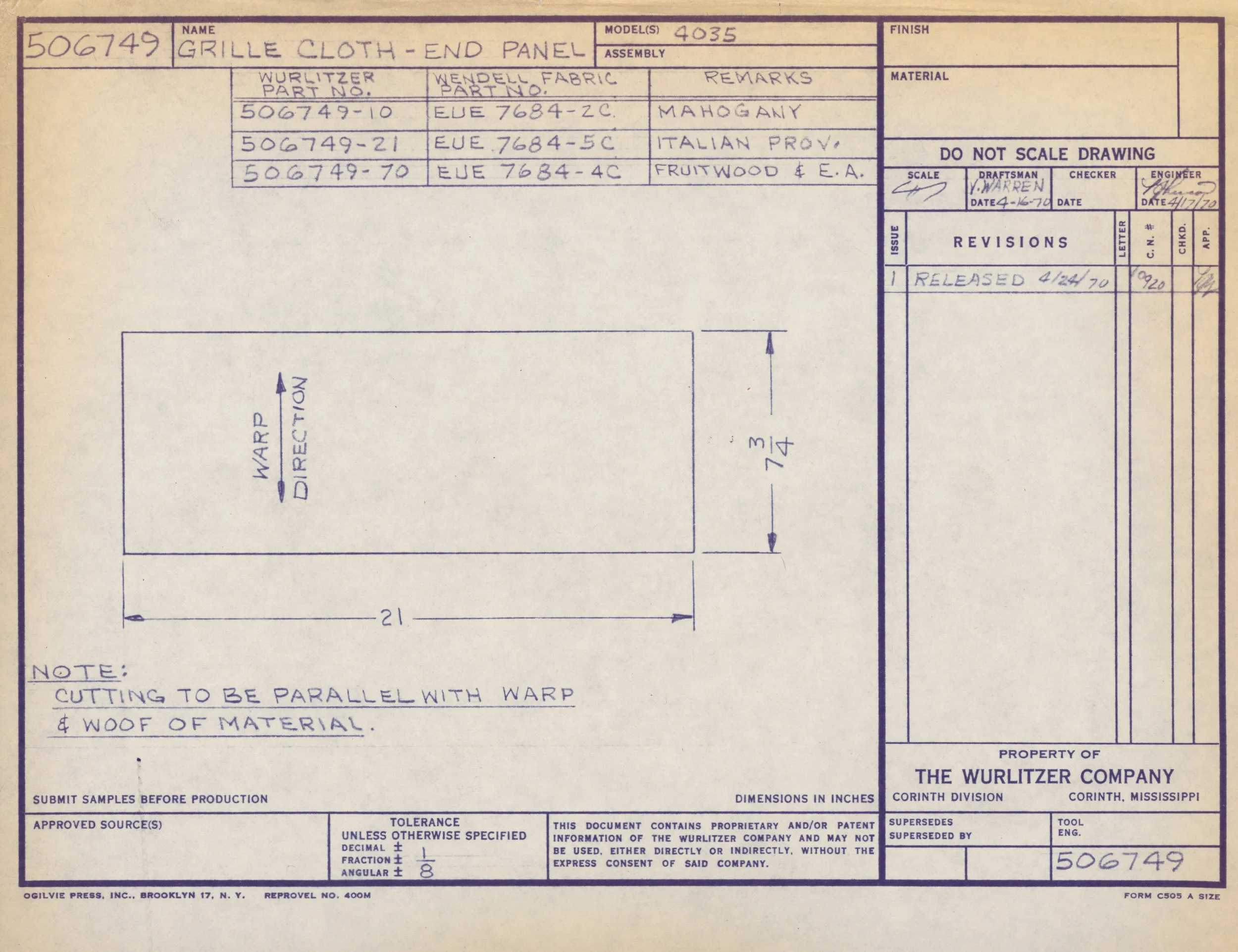 Blueprint for a grille cloth-end panel showing measurements, material details, and part numbers with handwritten notes on cutting instructions.