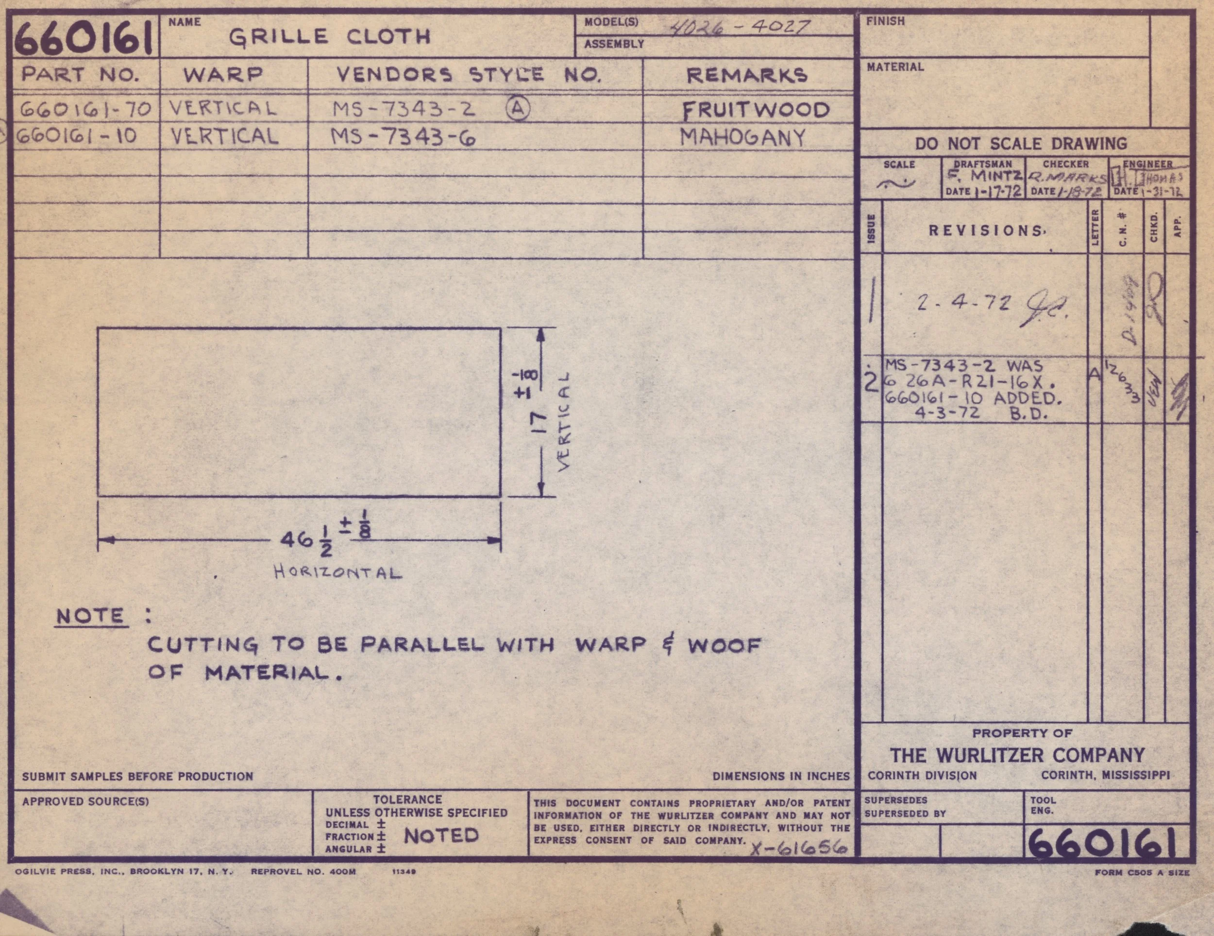 A detailed technical drawing or blueprint with handwritten labels and measurements, related to a material called grille cloth, showing dimensions and specifications for manufacturing.