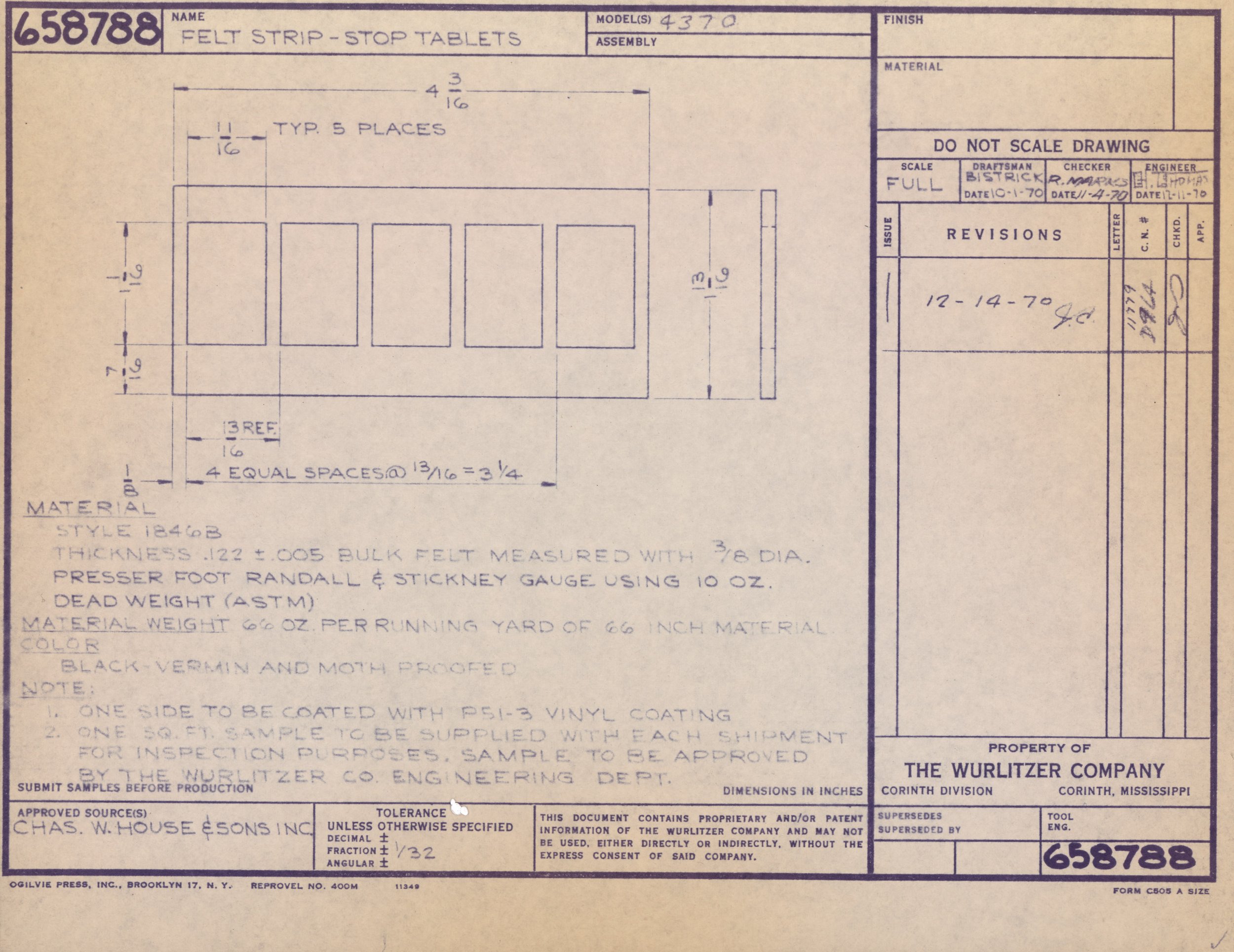 Blueprint drawing with measurements for a felt strip stop tablet, indicating dimensions, materials, and revision notes, dated 12-14-70, prepared by The Wurlitzer Company.