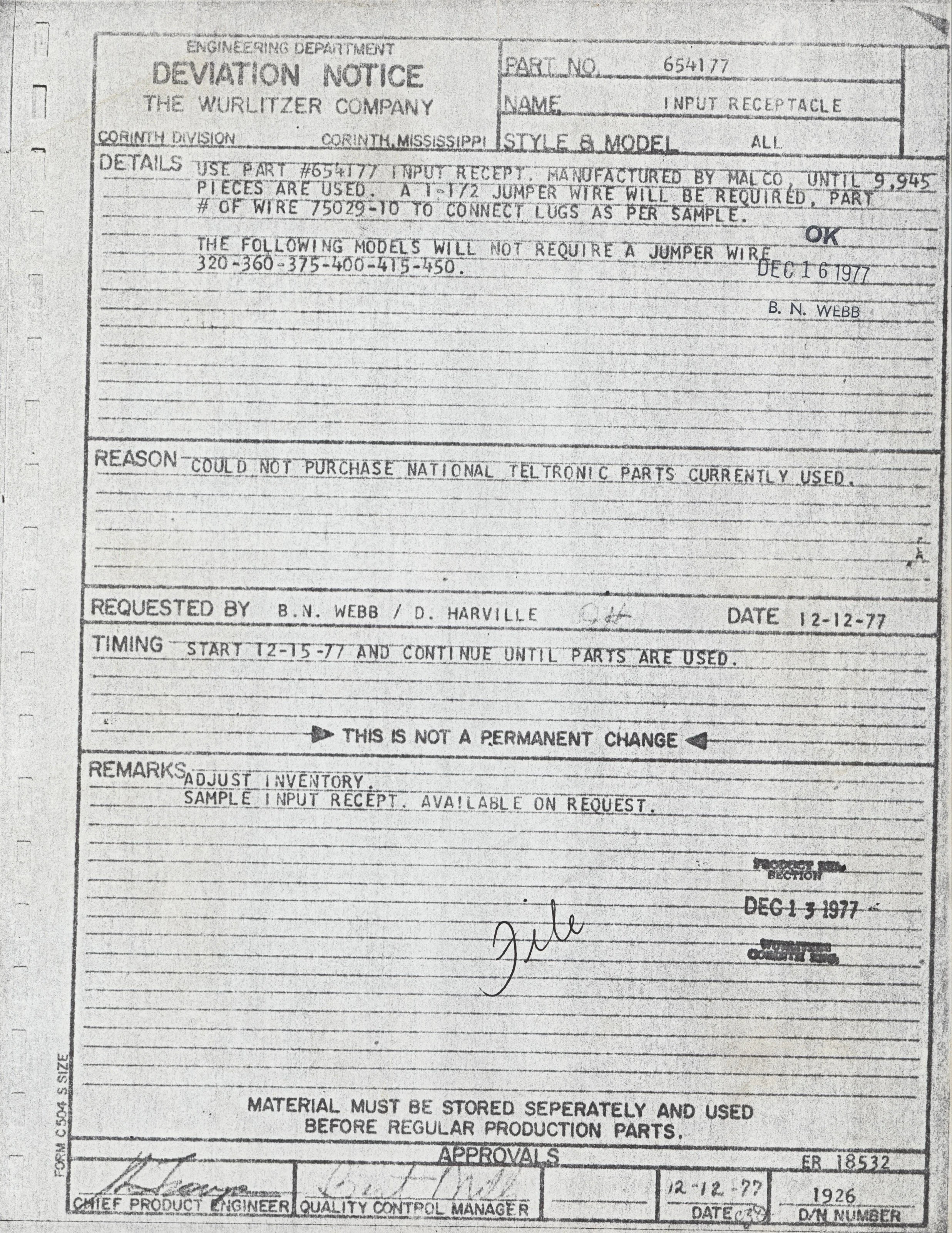Deviations notice from The Wurlitzer Company, dated December 16, 1977, issued by B. N. Webb regarding parts used in electronic equipment, accompanied by signatures and approval signatures from chief engineer and quality control manager.