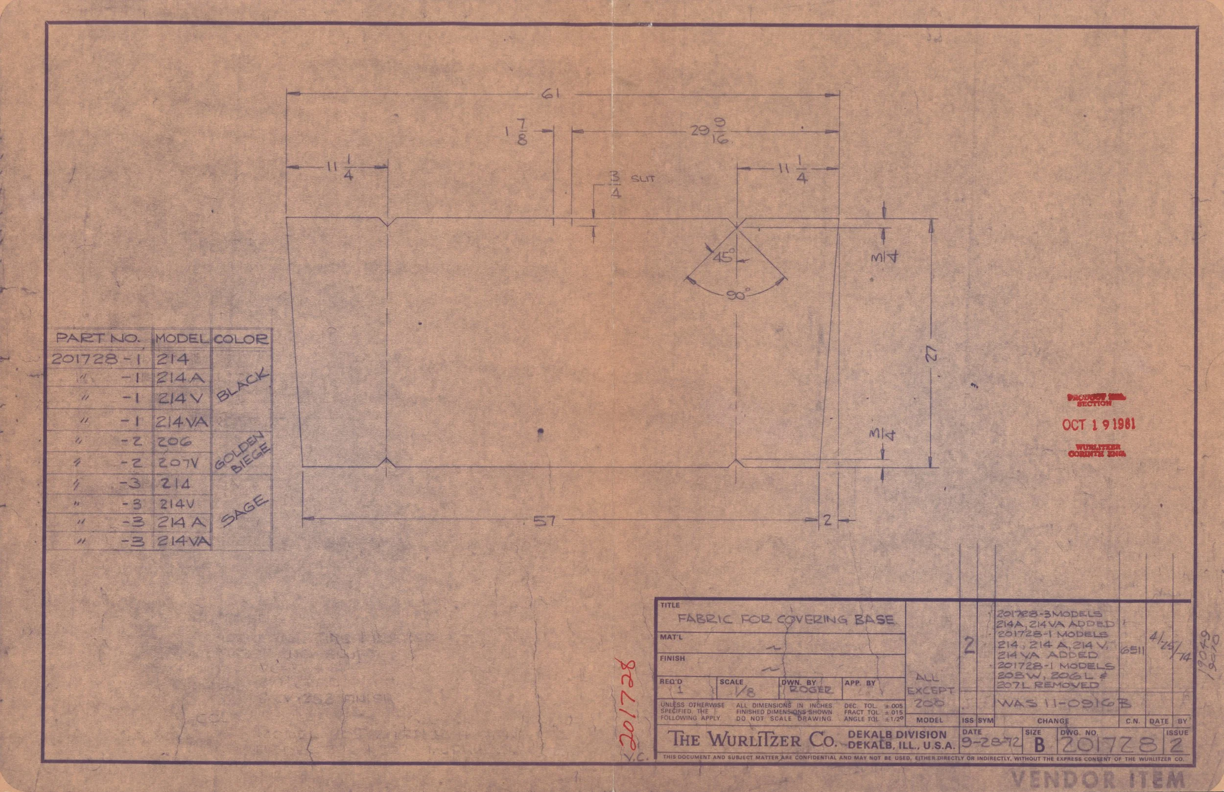 Technical blueprint drawing of fabric for covering base, with measurements, notes, and company information from The Wurlitzer Co., dated October 19, 1981.