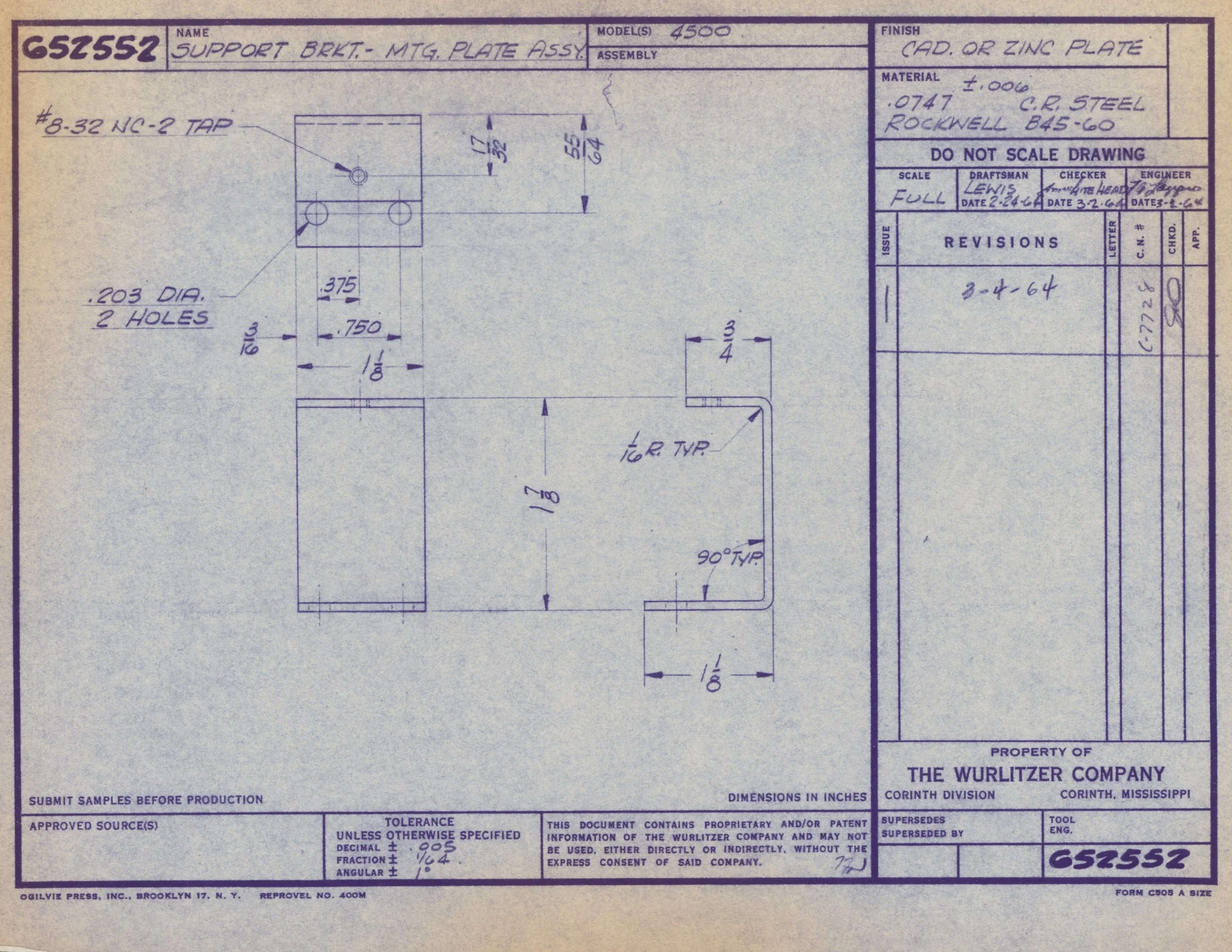 Technical engineering blueprint drawing of a support bracket mounting plate assembly, including detailed dimensions, hole specifications, and material notes, created by The Wurlitzer Company in Corinth, Mississippi.