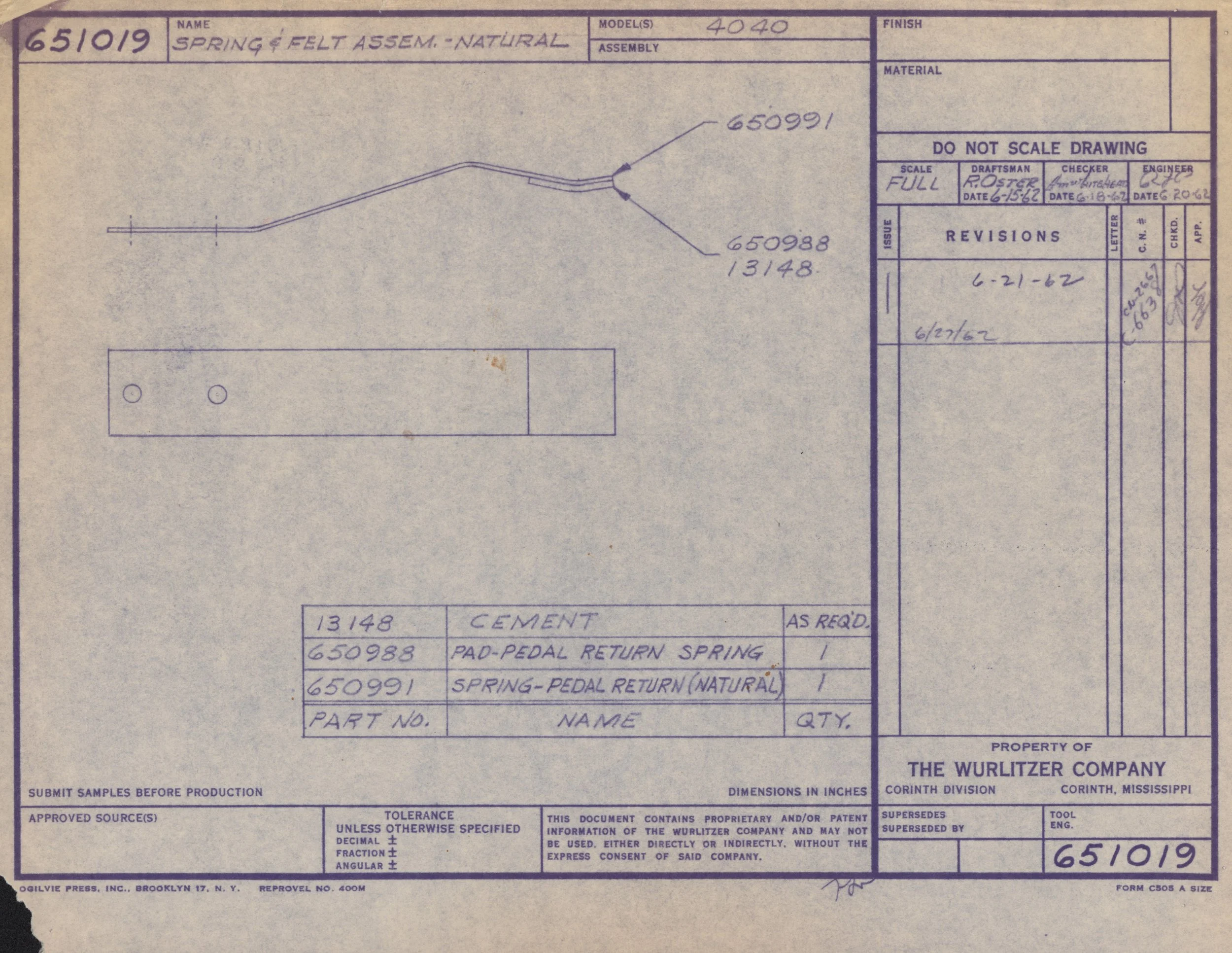 Technical blueprint or engineering drawing for a spring and felt assembly, showing part numbers and specifications.