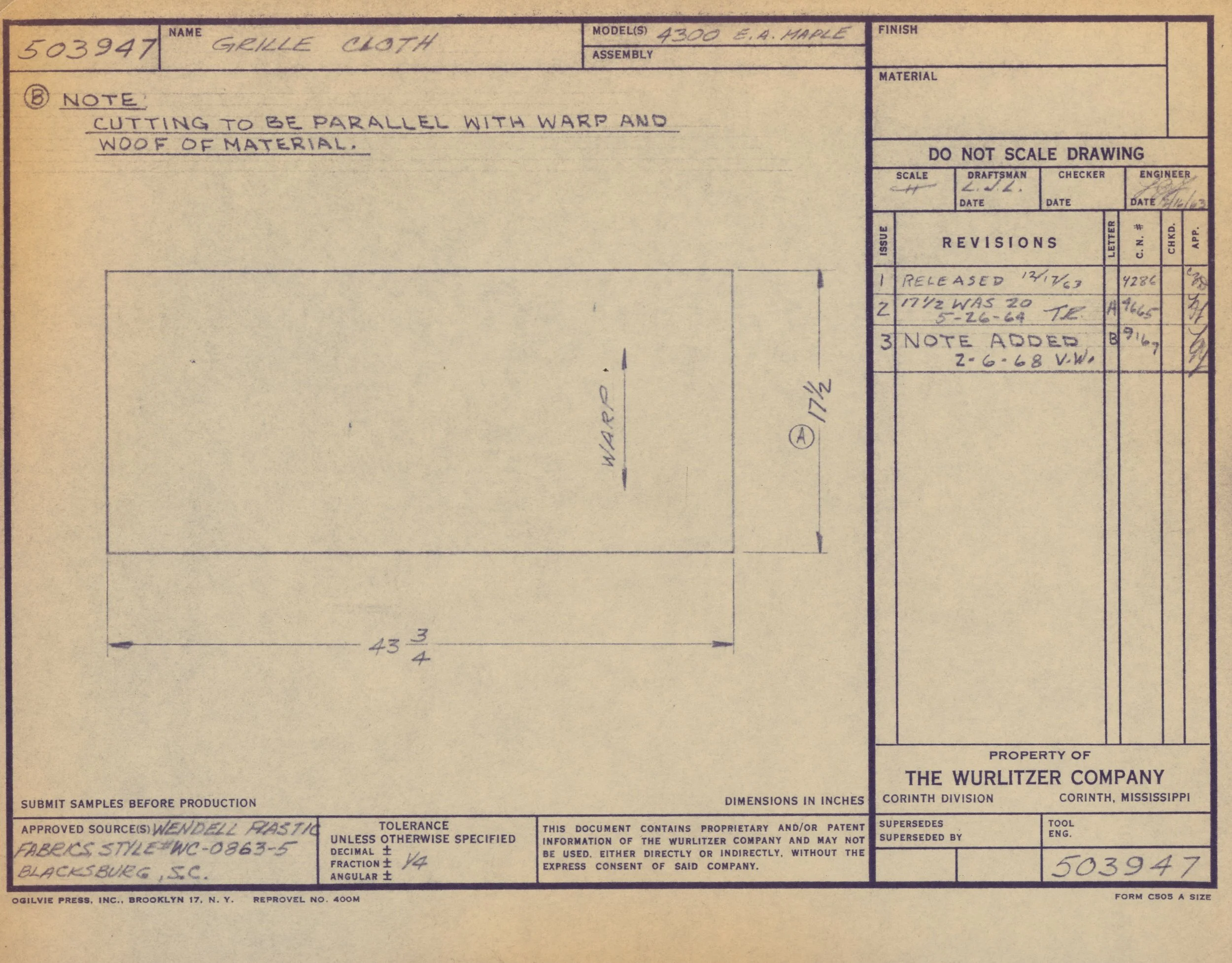 A technical drawing or blueprint for a product called 'Grille Cloth,' model number 4300, created by E. A. Maple. The drawing contains handwritten notes about specifications, approvals, and revisions, with dimensions and other technical details, along