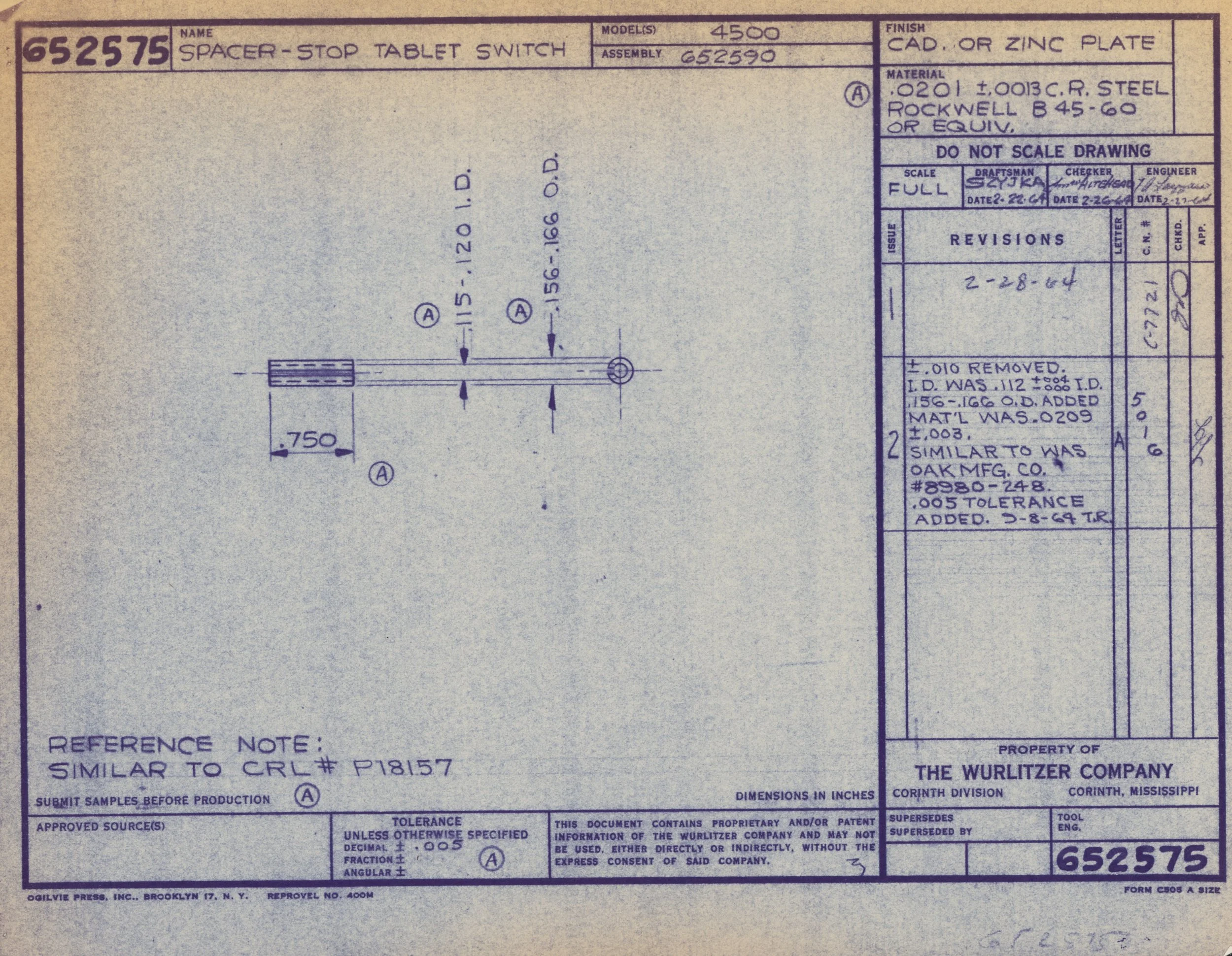 Technical drawing blueprint of a spacer-stop tablet switch, showing dimensions, materials, and construction details.
