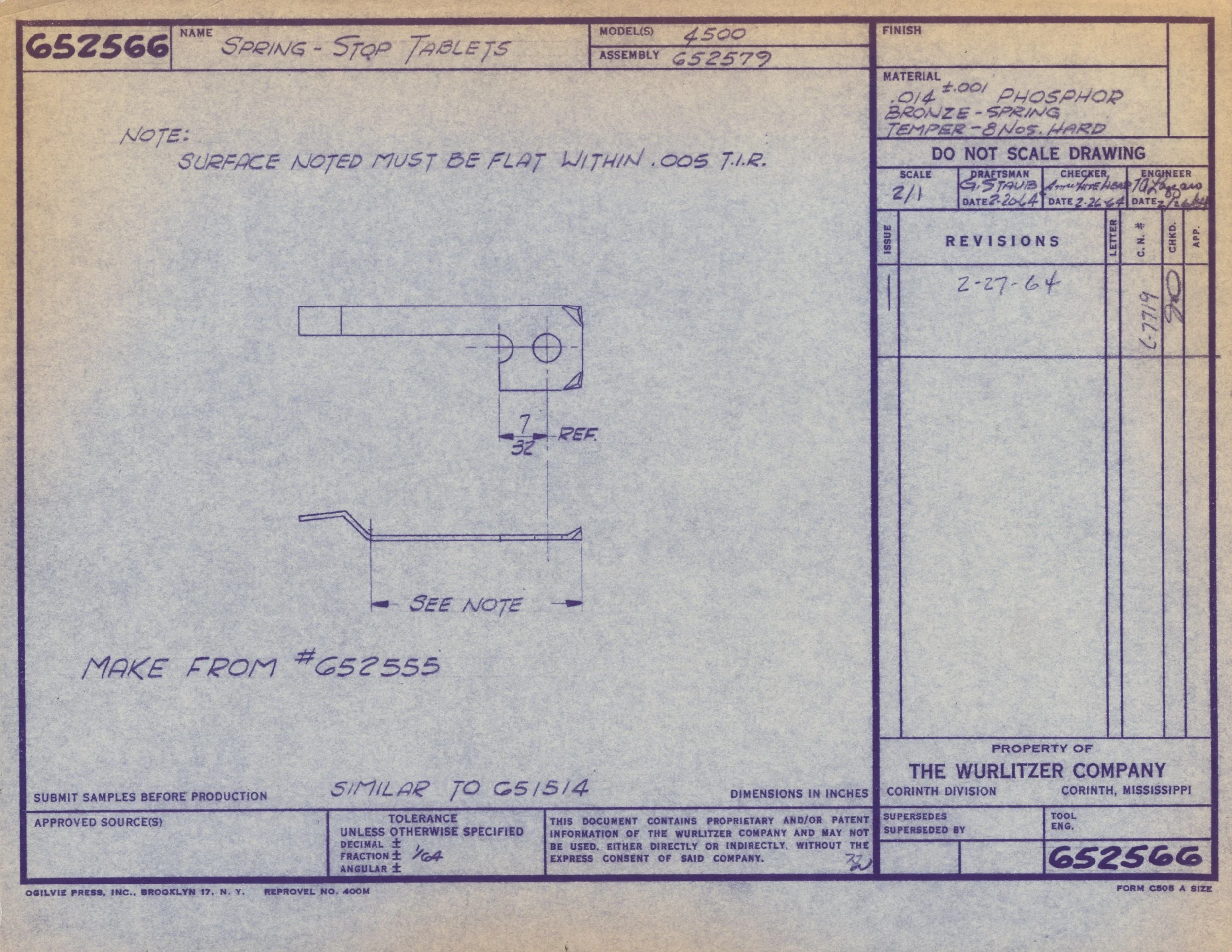 Technical blueprint for spring-stop tablets showing model number, assembly number, material specifications, and assembly instructions with detailed engineering notes.