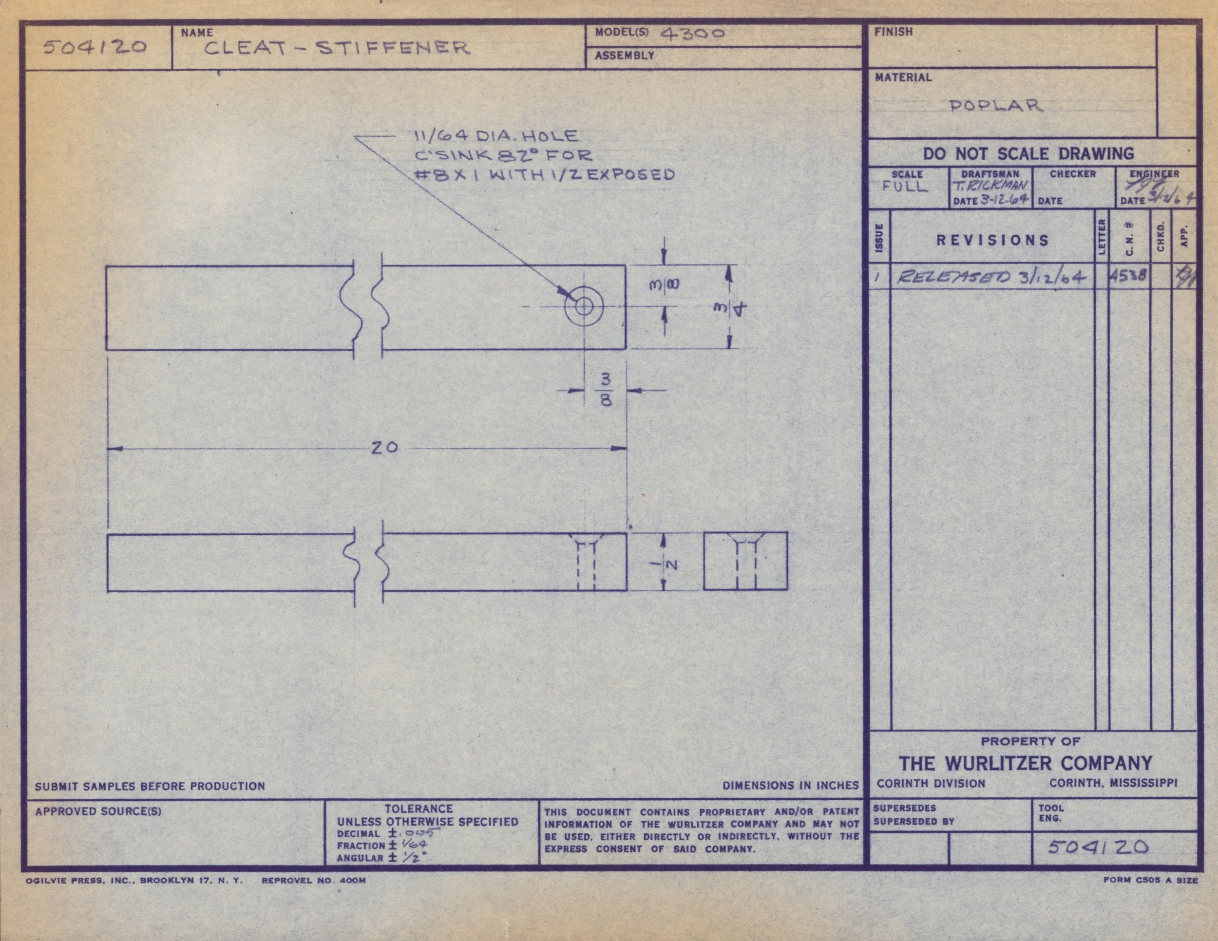 Technical blueprint or engineering drawing of a cleat-stiffener, showing dimensions, material (poplar), and detailed measurements for manufacturing.