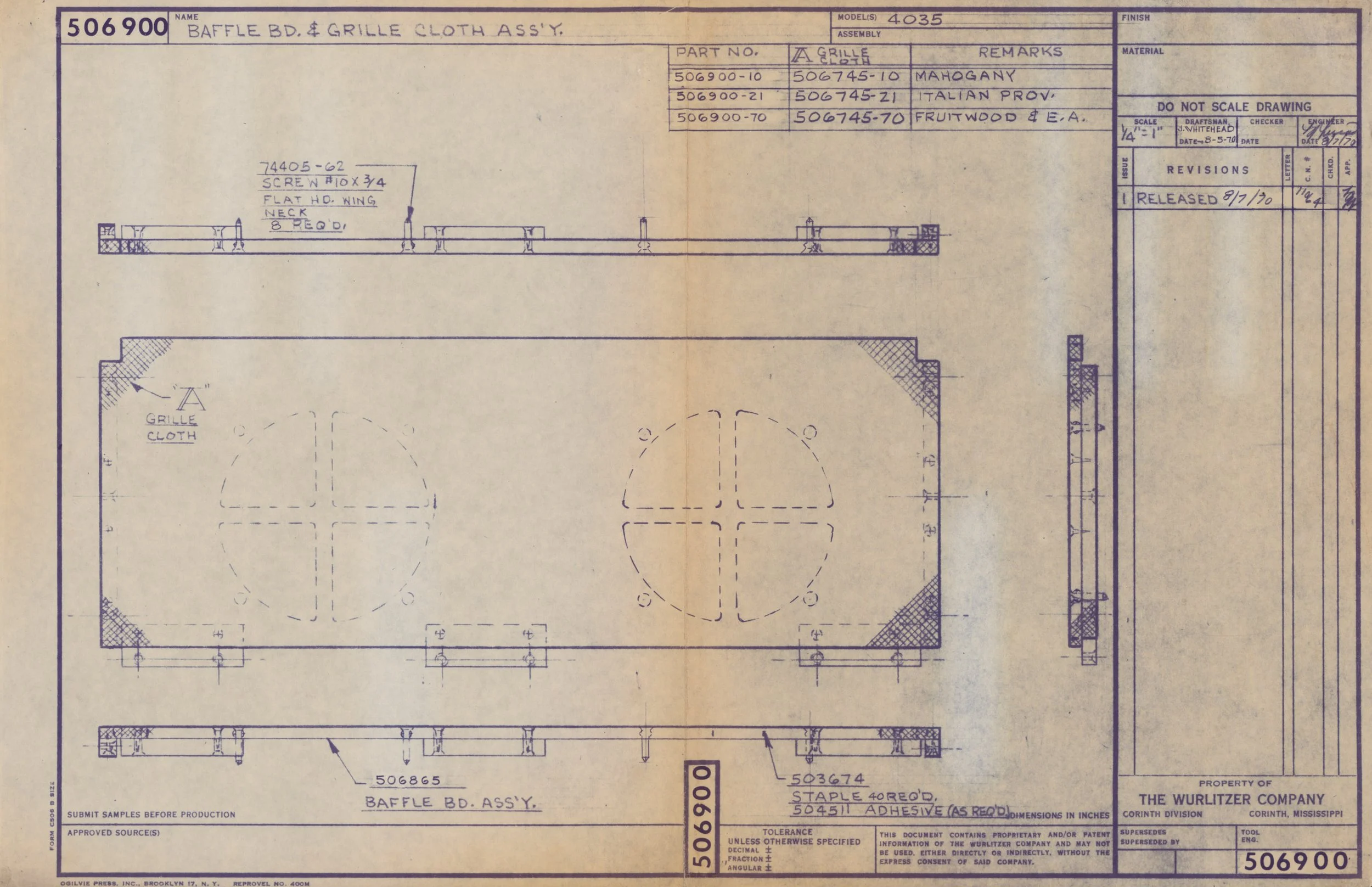 Blueprint drawing of a grille cloth assembly with various technical annotations and measurements, including a top view and side view of the assembly components.