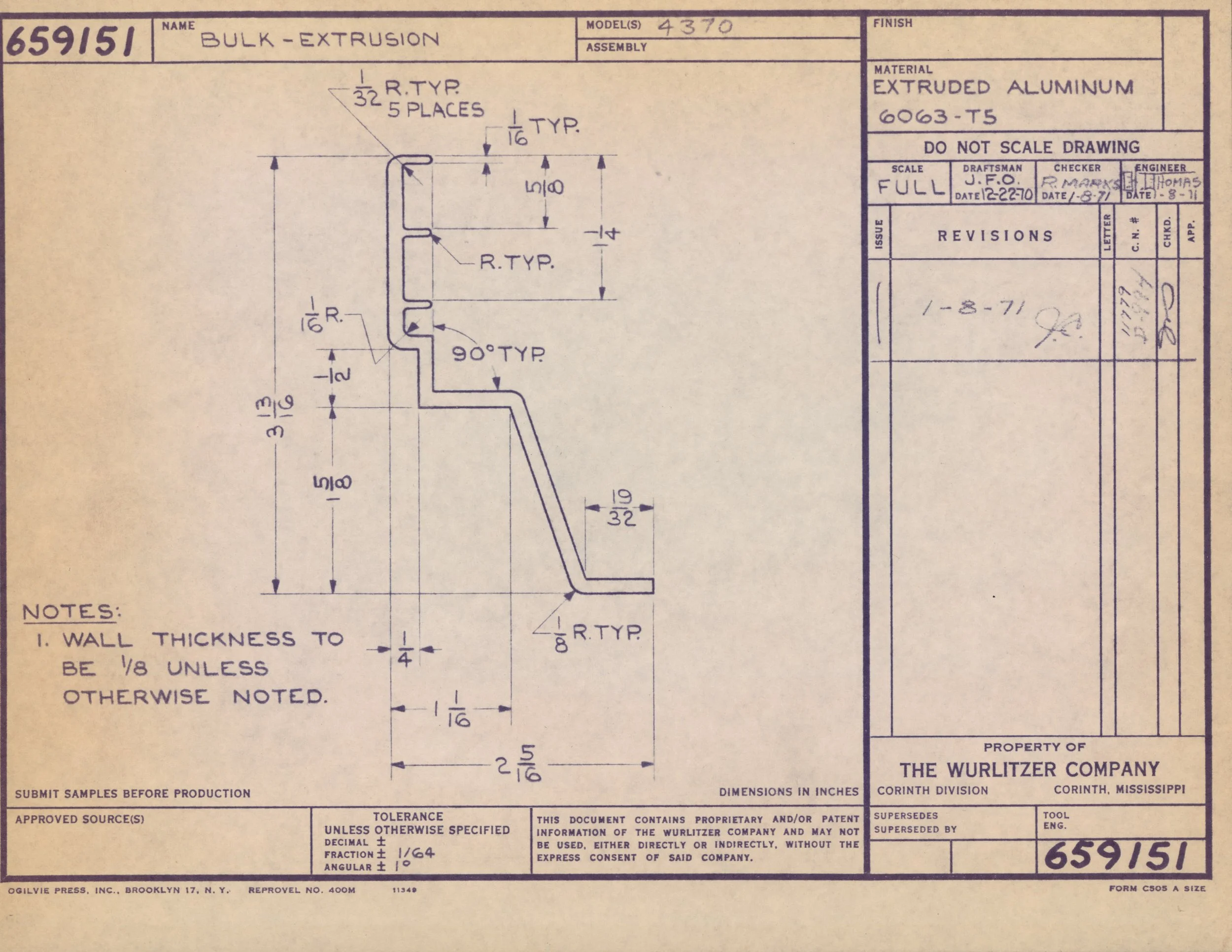 Engineering blueprint of a metal part with measurements and specifications, labeled as "Bulk-Extrusion," made of extruded aluminum, model 4370, numbered 659151.