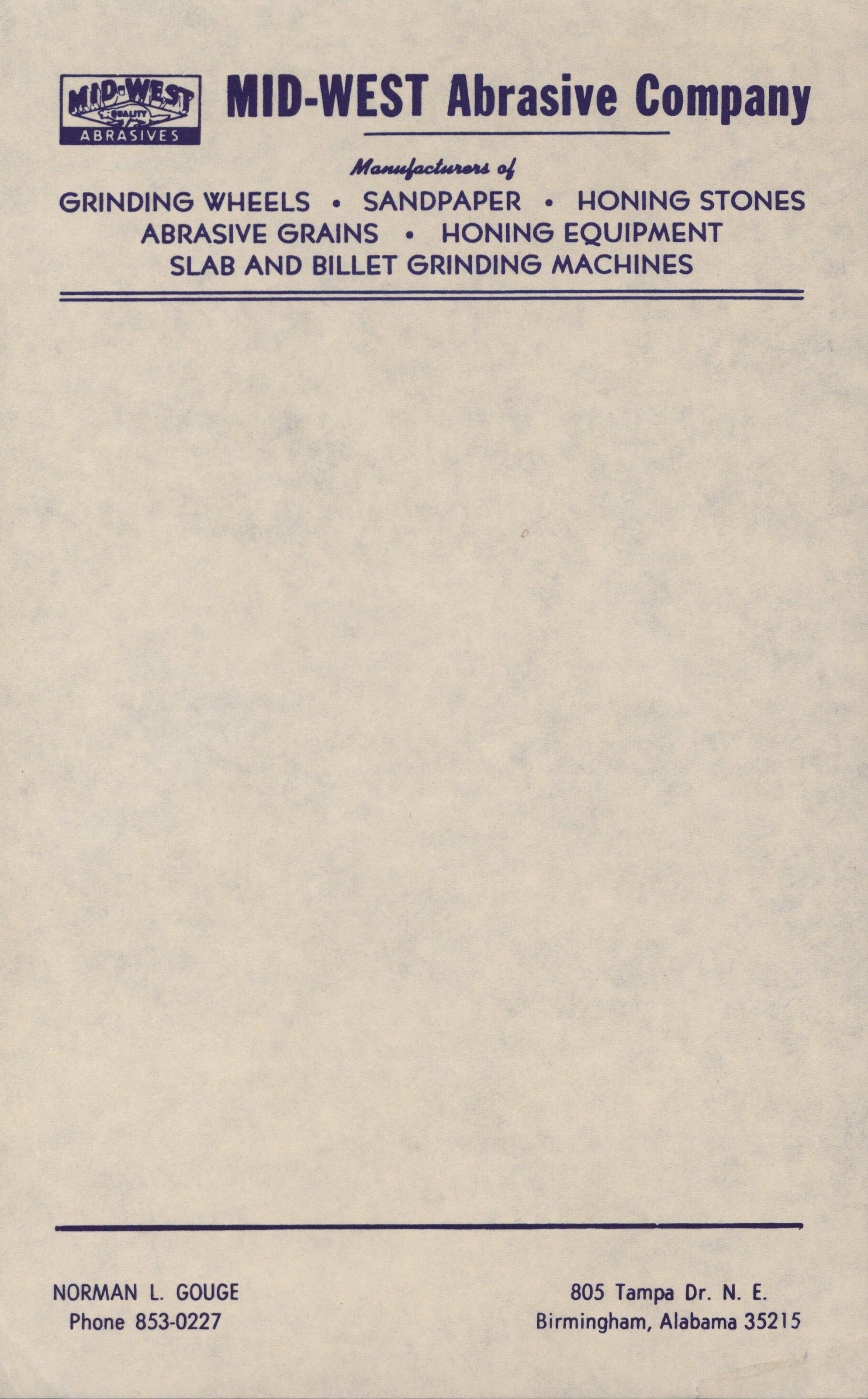 Business card for Norman L. Gouge, with contact information including a phone number and address in Birmingham, Alabama, about Mid-West Abrasive Company.