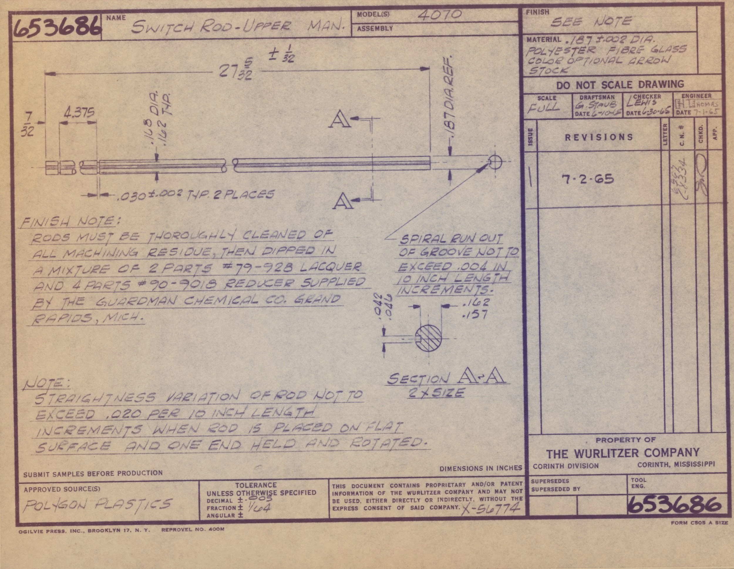 A detailed technical drawing of an upper switch rod with measurements, notes, and specifications for manufacturing, including dimensions, materials, and instructions for finishing and assembly.