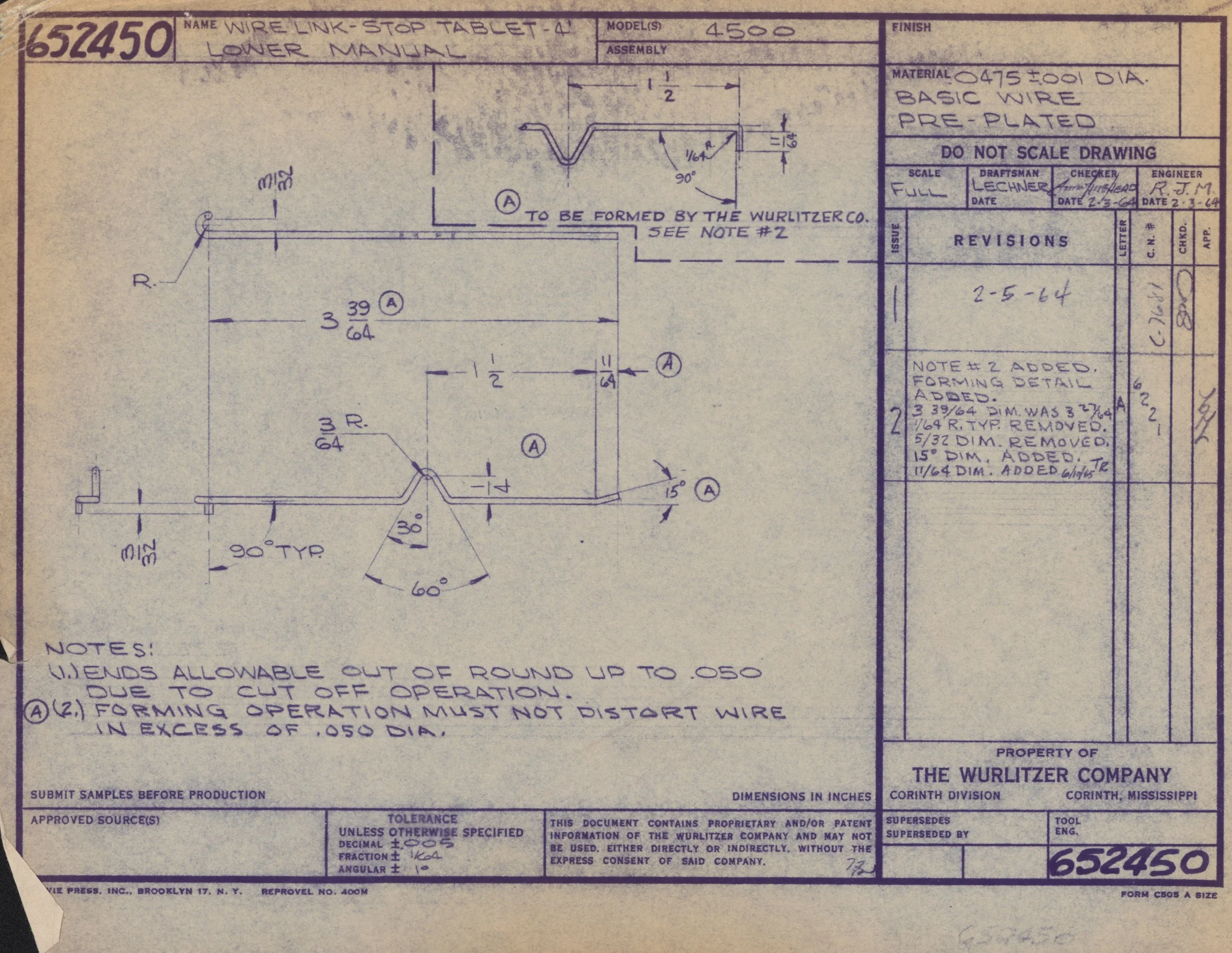 Blueprint for a wire link-stop tablet lower manual, showing dimensions and technical details.